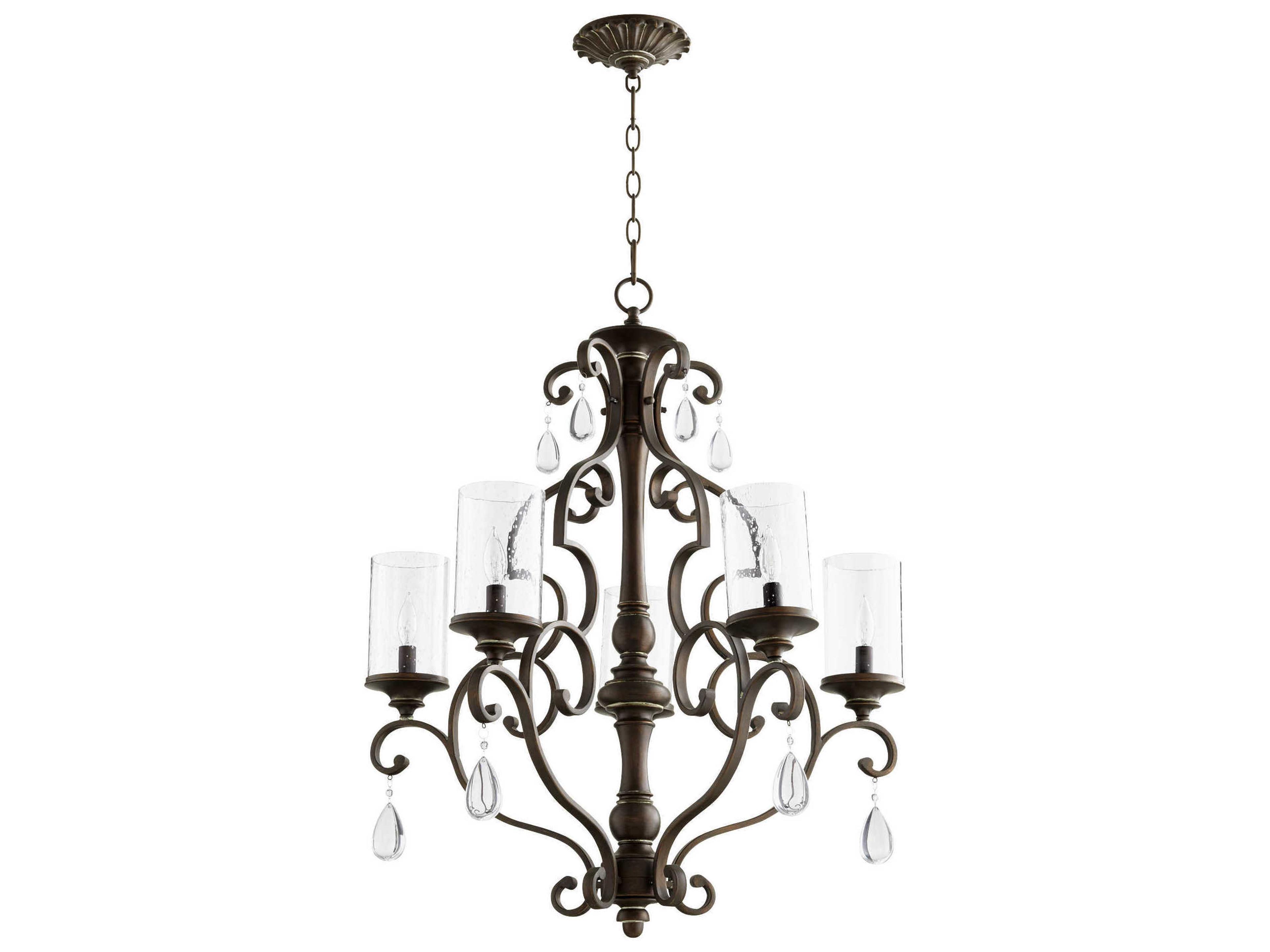 San Miguel 5-Light Vintage Copper Crystal Glass Candelabra Cylinder Tiered Chandelier