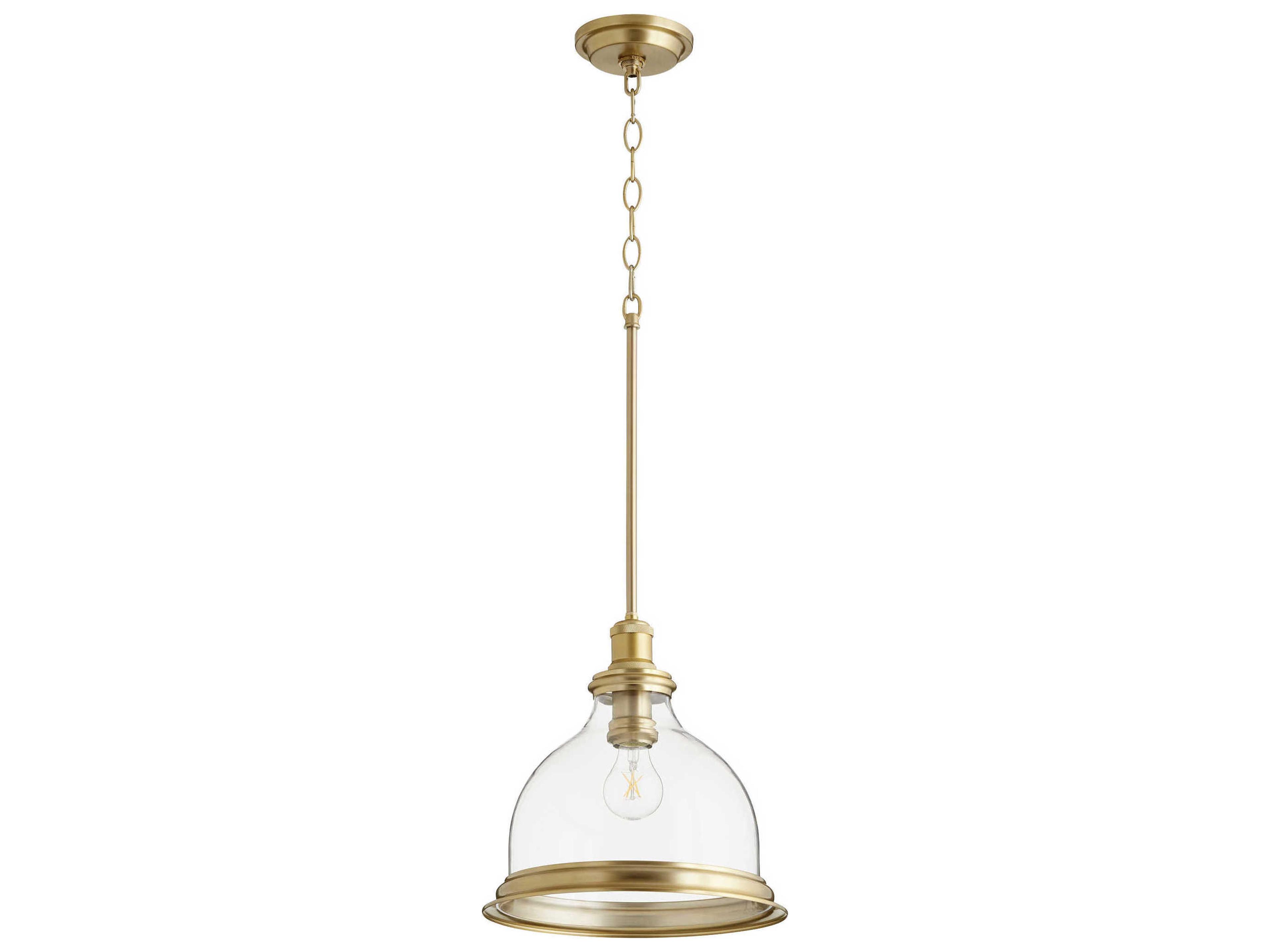 Quorum 1-Light Aged Brass With Clear Bell Mini Pendant