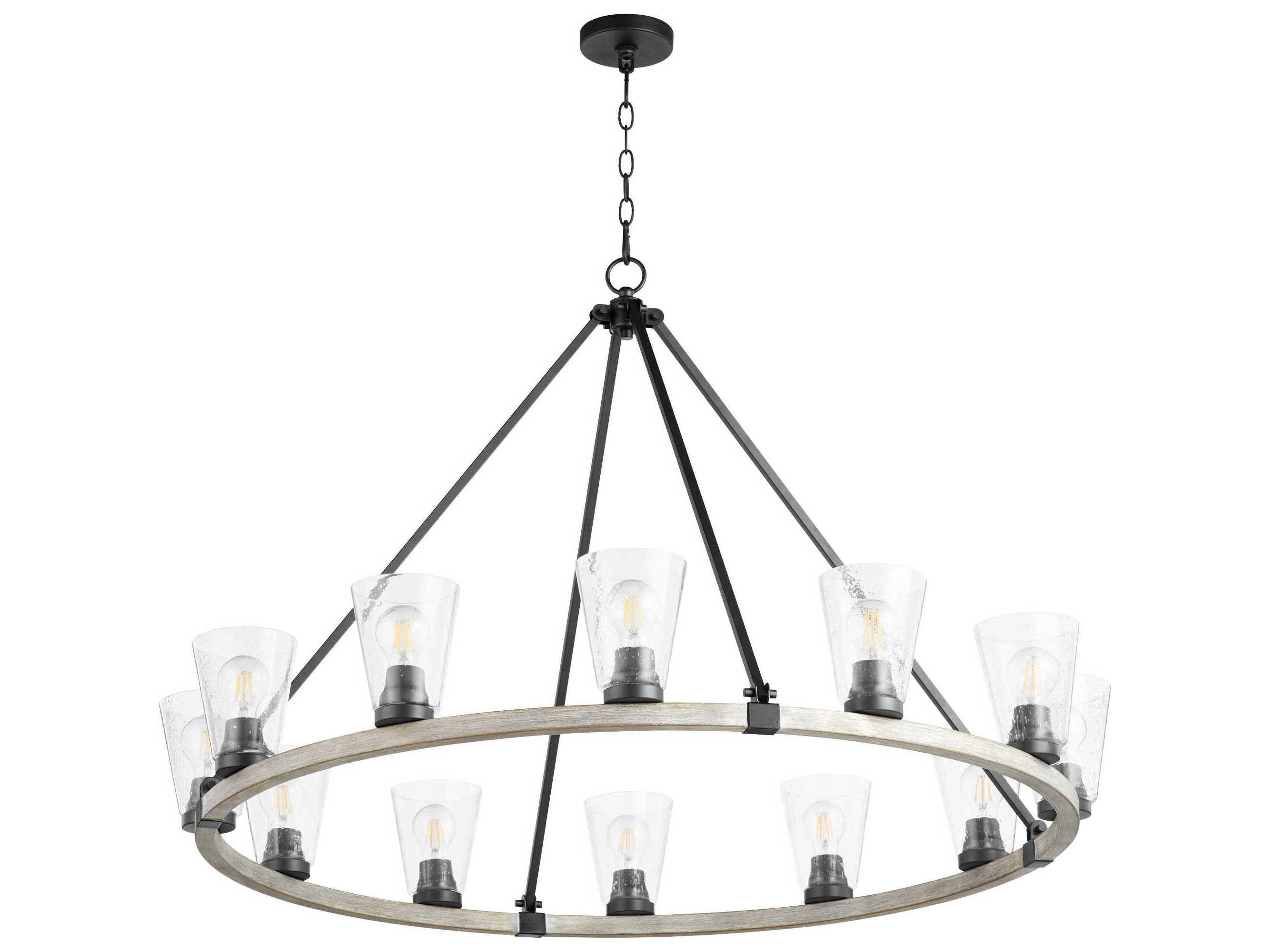 Paxton 12-Light Noir With Weathered Oak Black Glass Round Chandelier