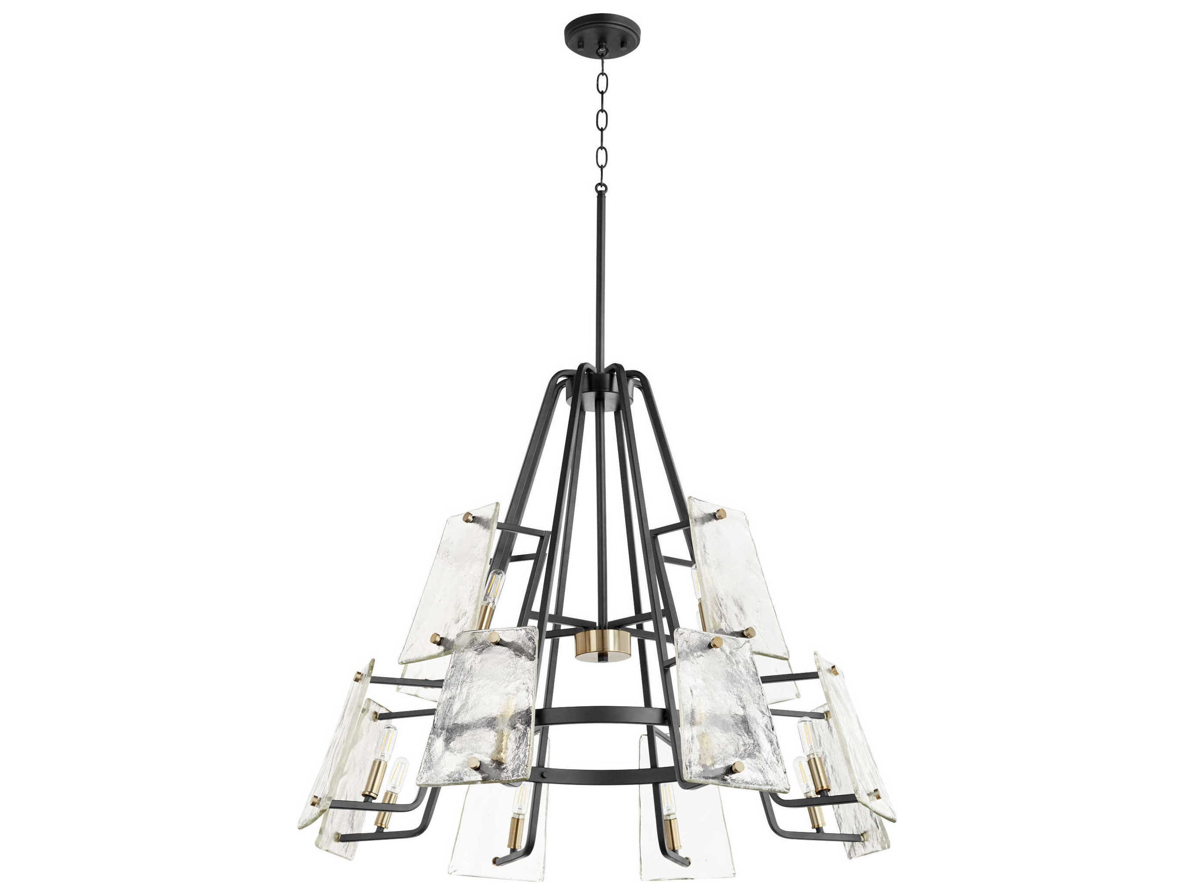Tioga 12-Light Noir With Aged Brass Black Glass Candelabra Tiered Chandelier