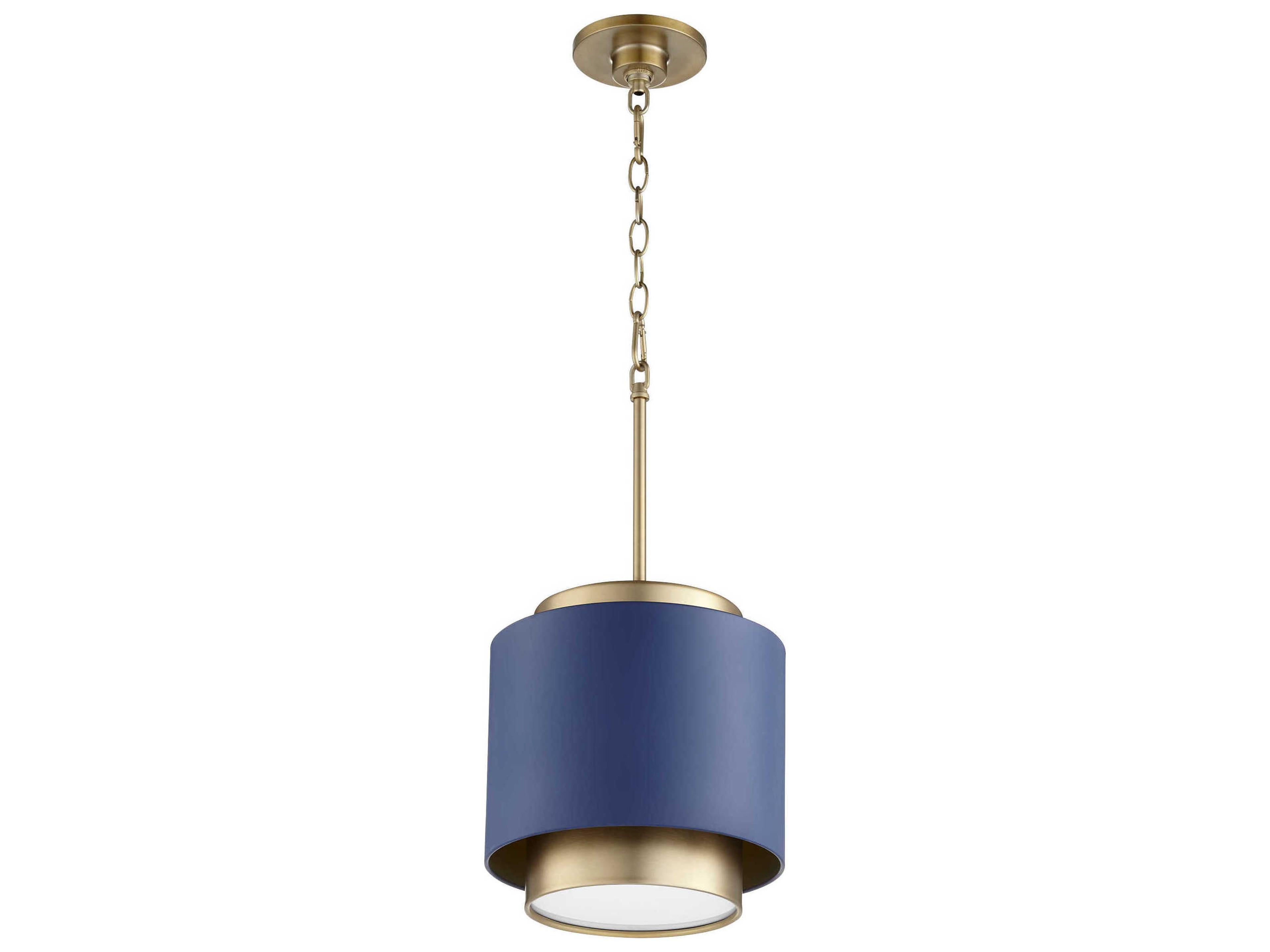 Quorum 1-Light Aged Brass With Blue Cylinder Mini Pendant