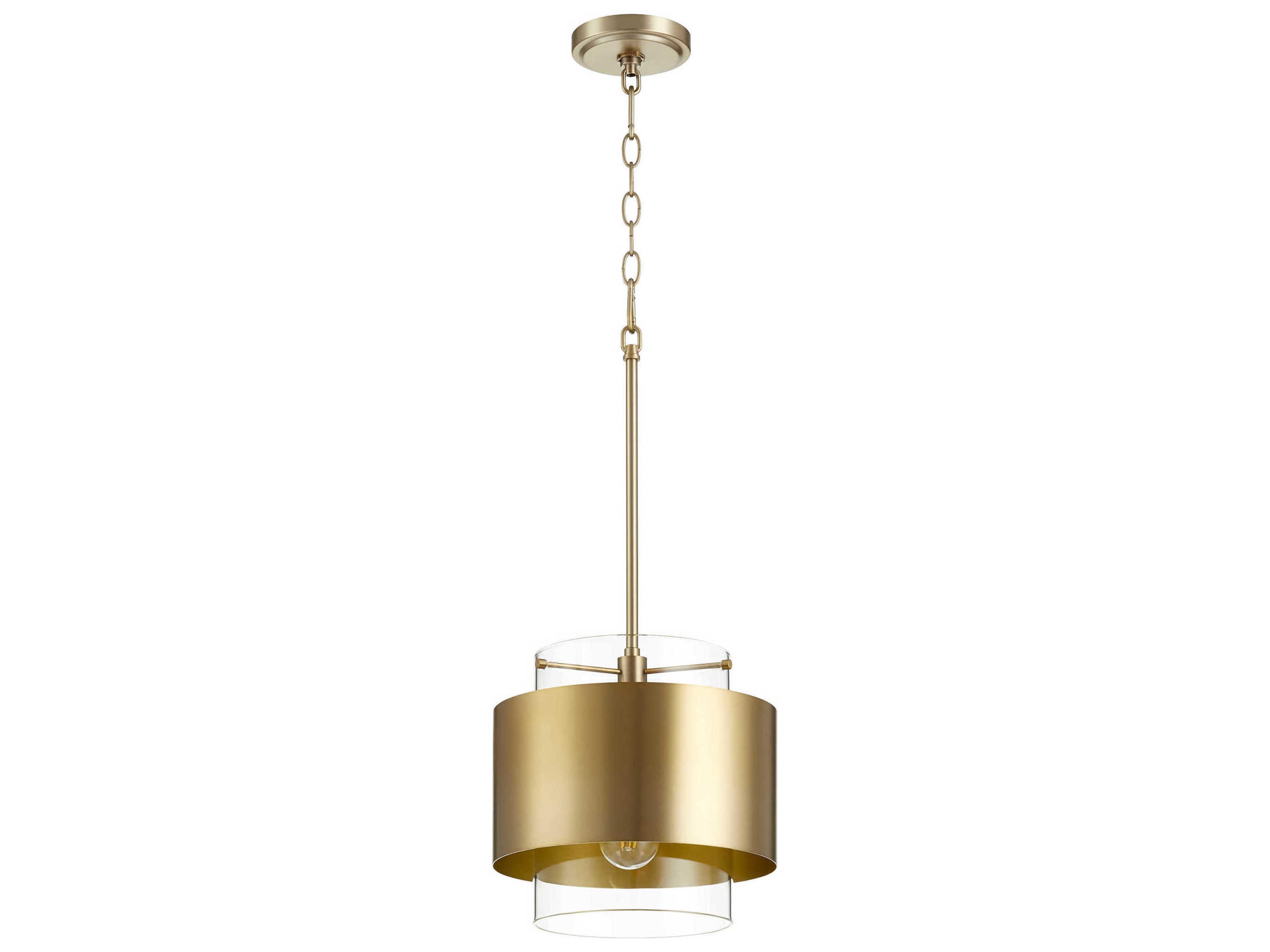 1-Light Aged Brass Glass Cylinder Mini Pendant