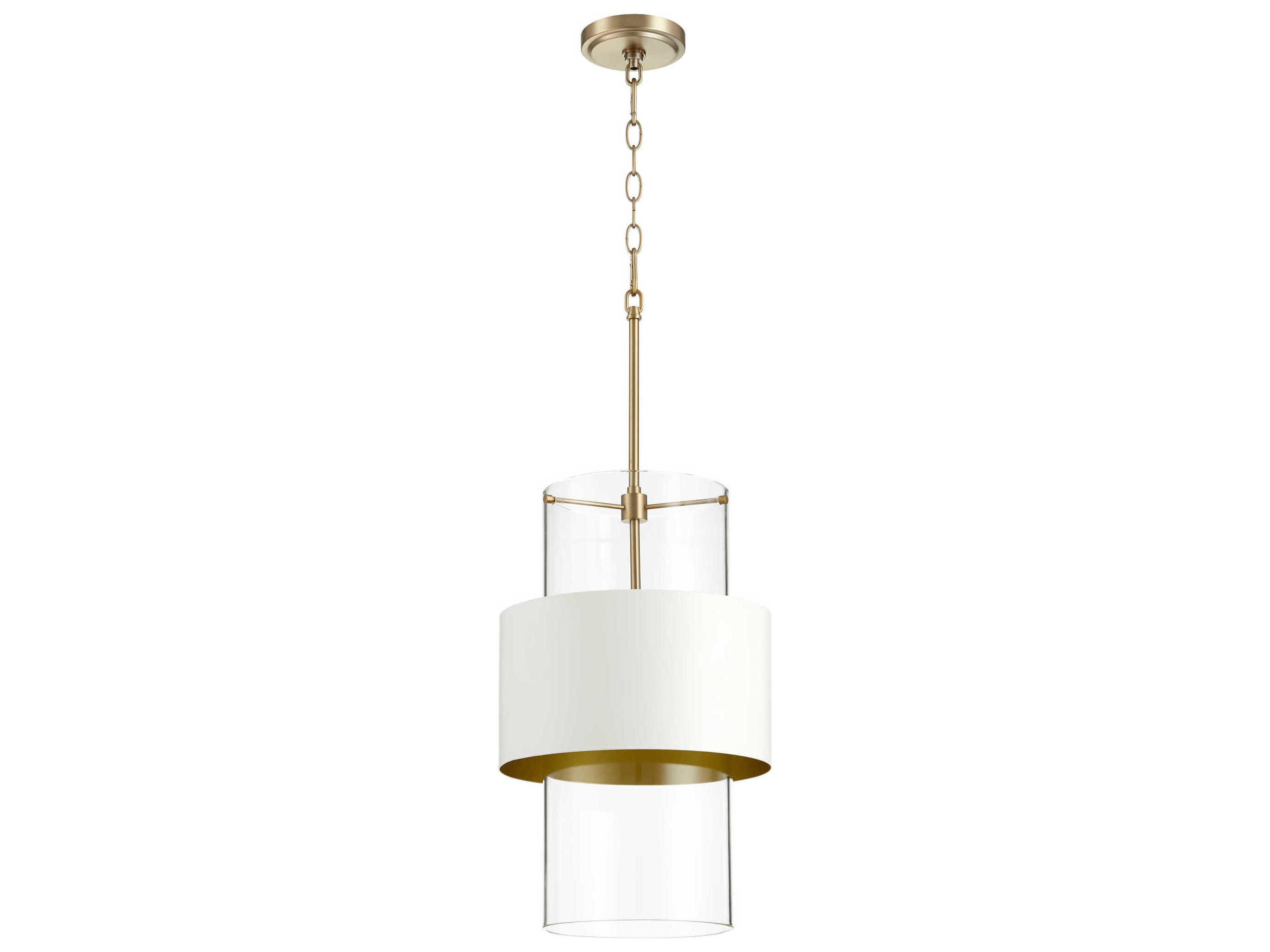 1-Light Aged Brass With Studio White Glass Cylinder Mini Pendant