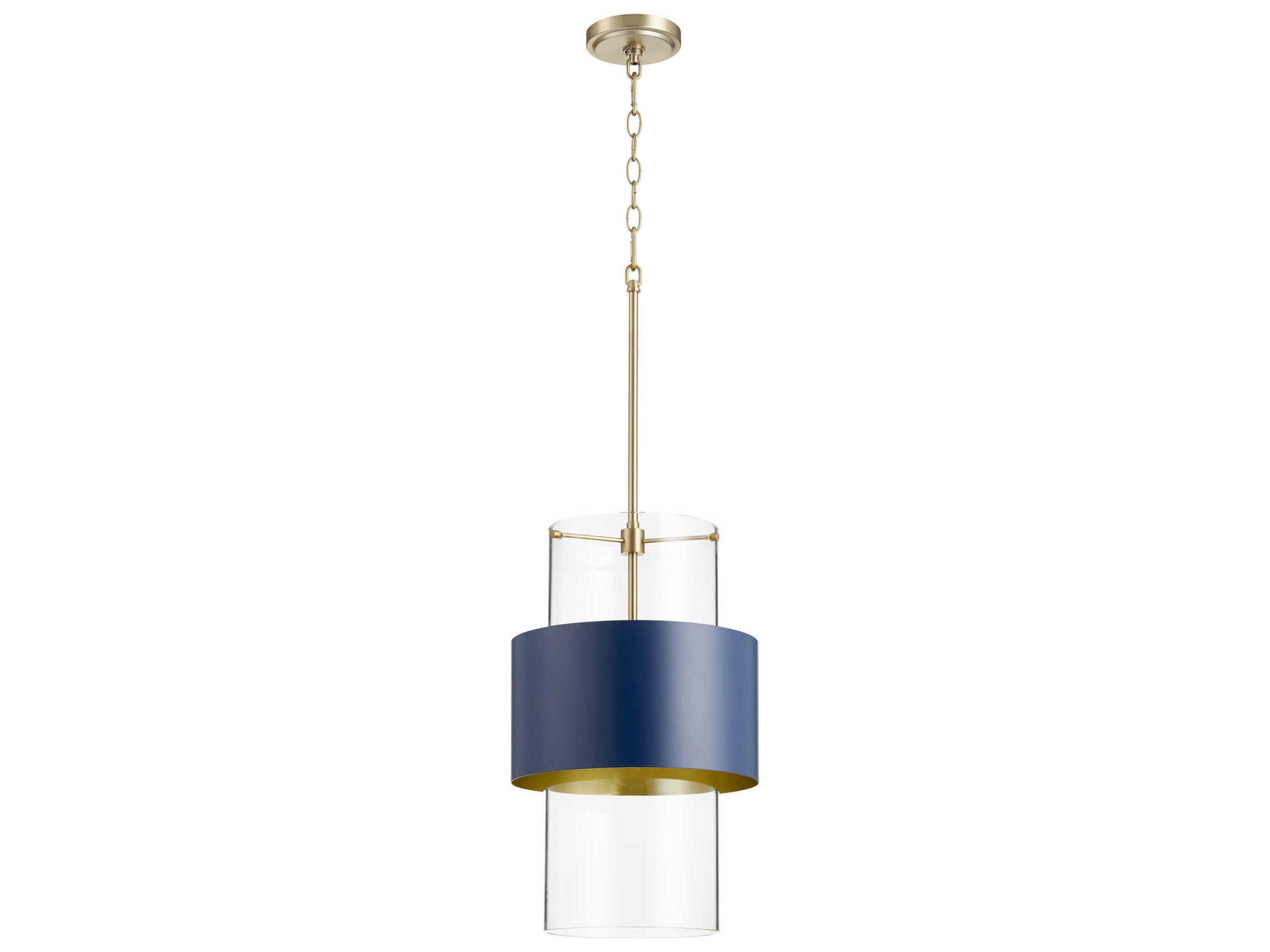 1-Light Aged Brass Blue Cylinder Mini Pendant