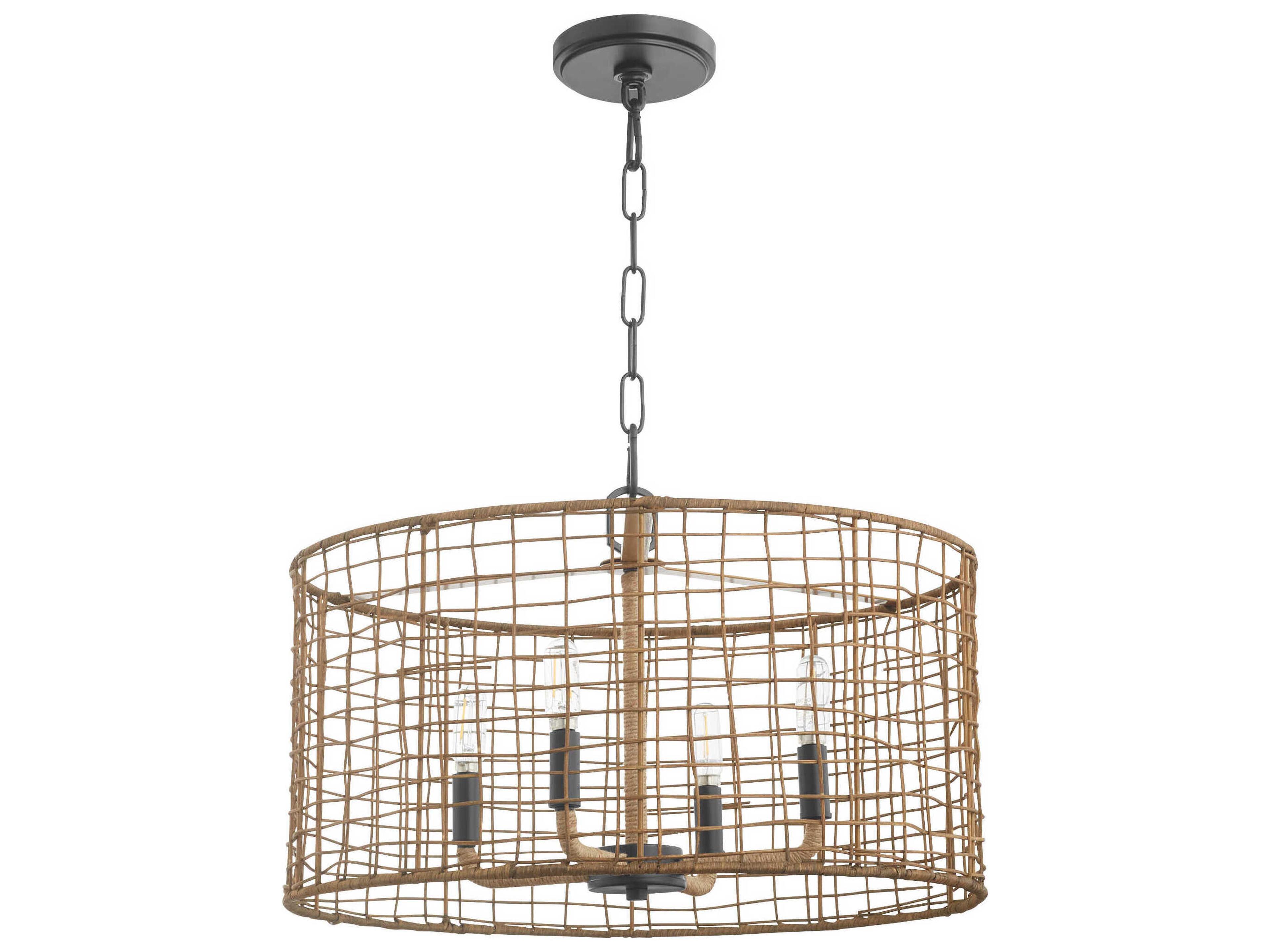 Abaca 4-Light Matte Black Brown Drum Pendant