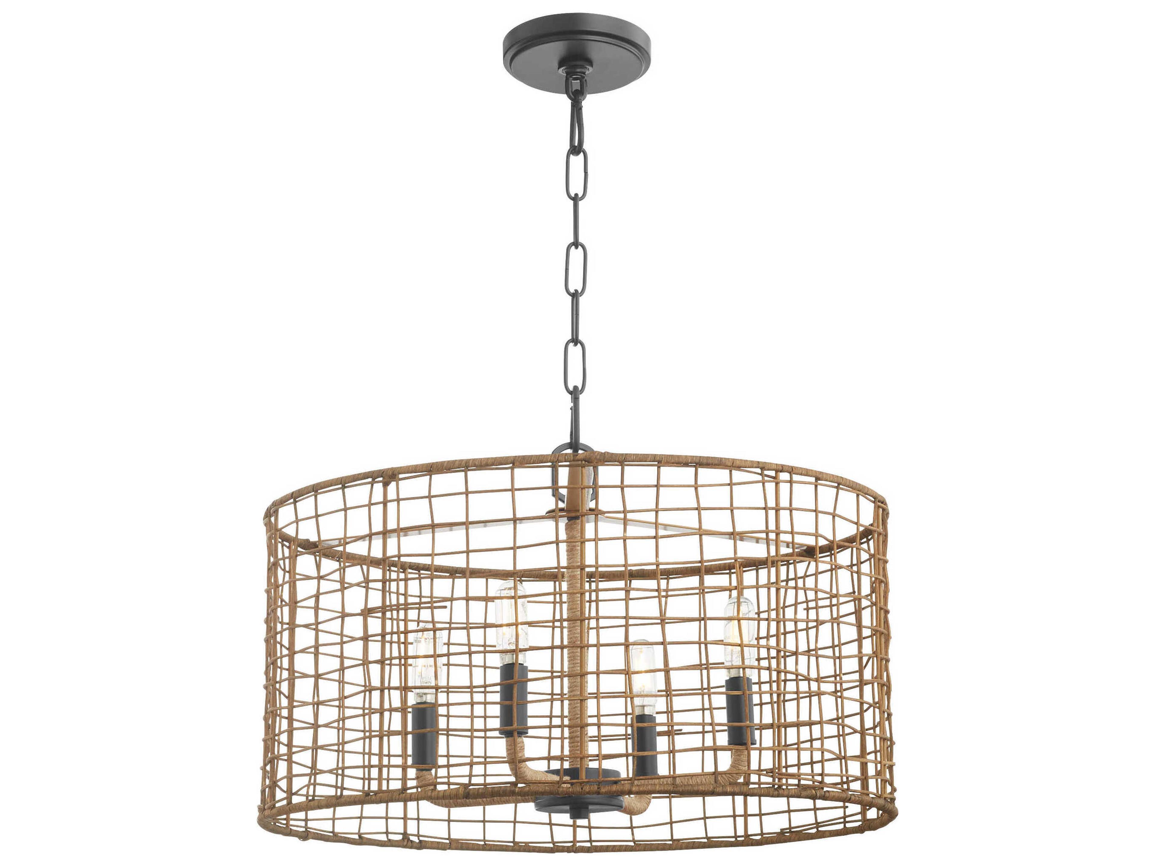 Quorum Abaca 4-Light Matte Black Brown Drum Pendant