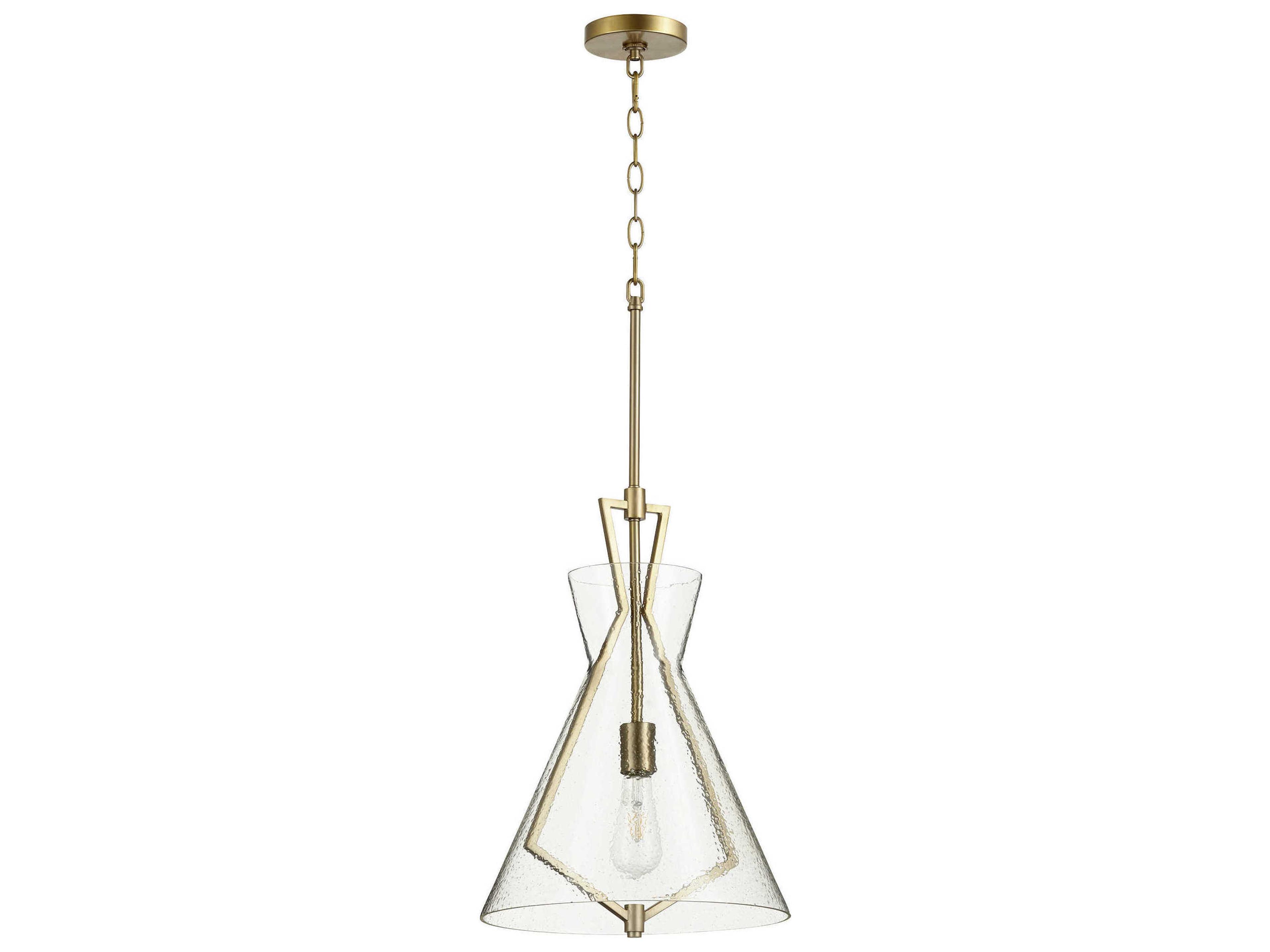 1-Light Aged Brass With Textured Glass Geometric Pendant