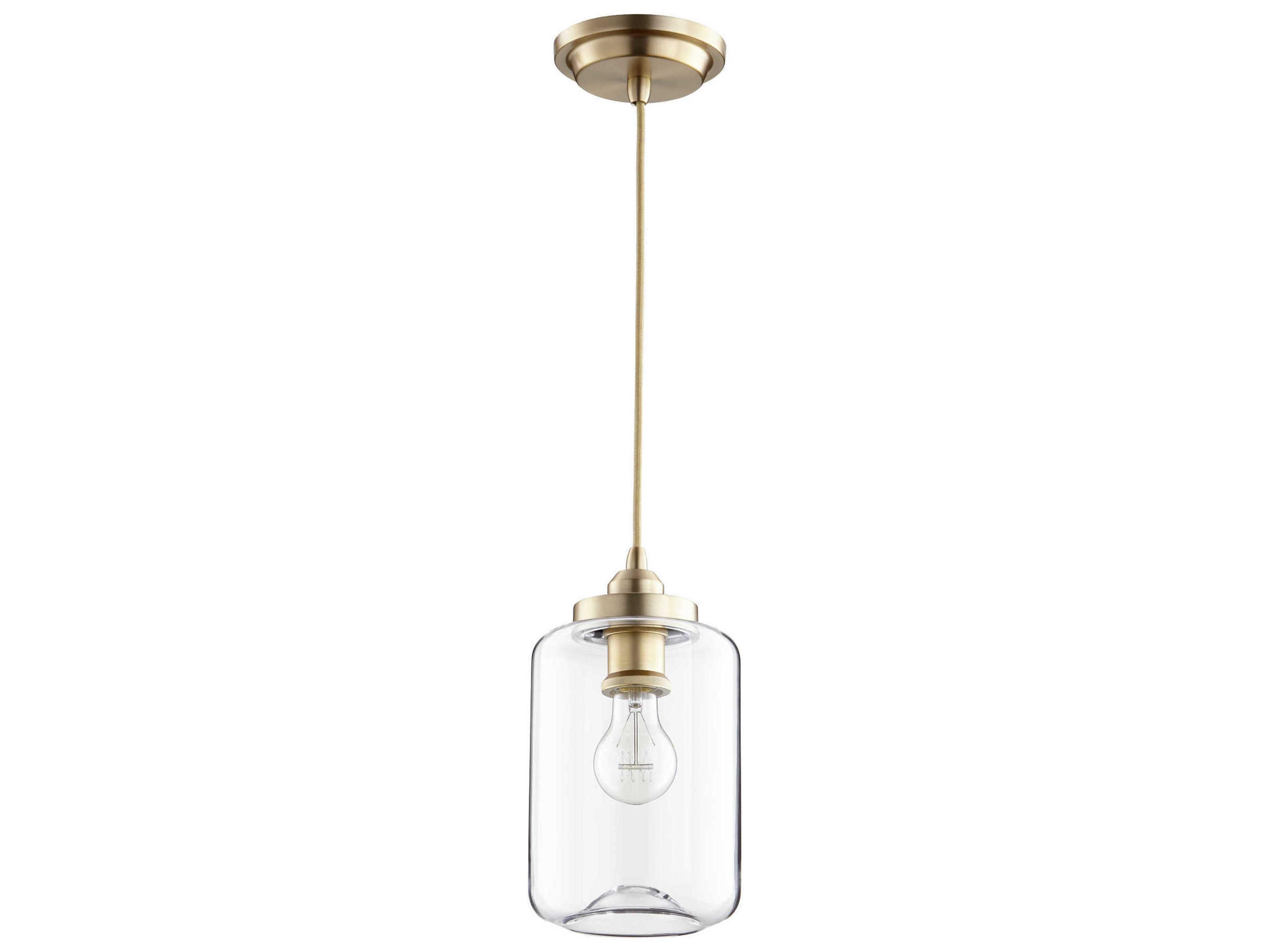 1-Light Aged Brass Glass Cylinder Mini Pendant