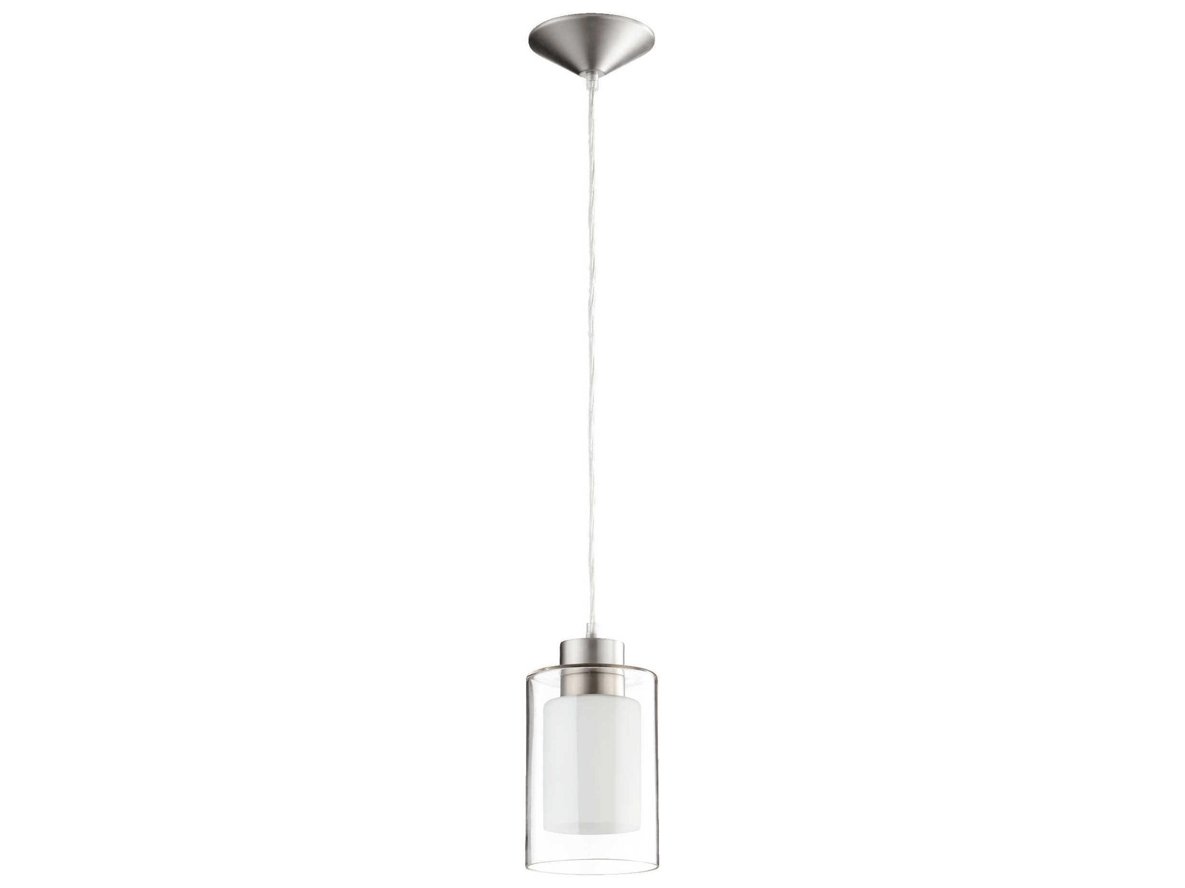 1-Light Satin Nickel Clear And White Glass Cylinder Mini Pendant