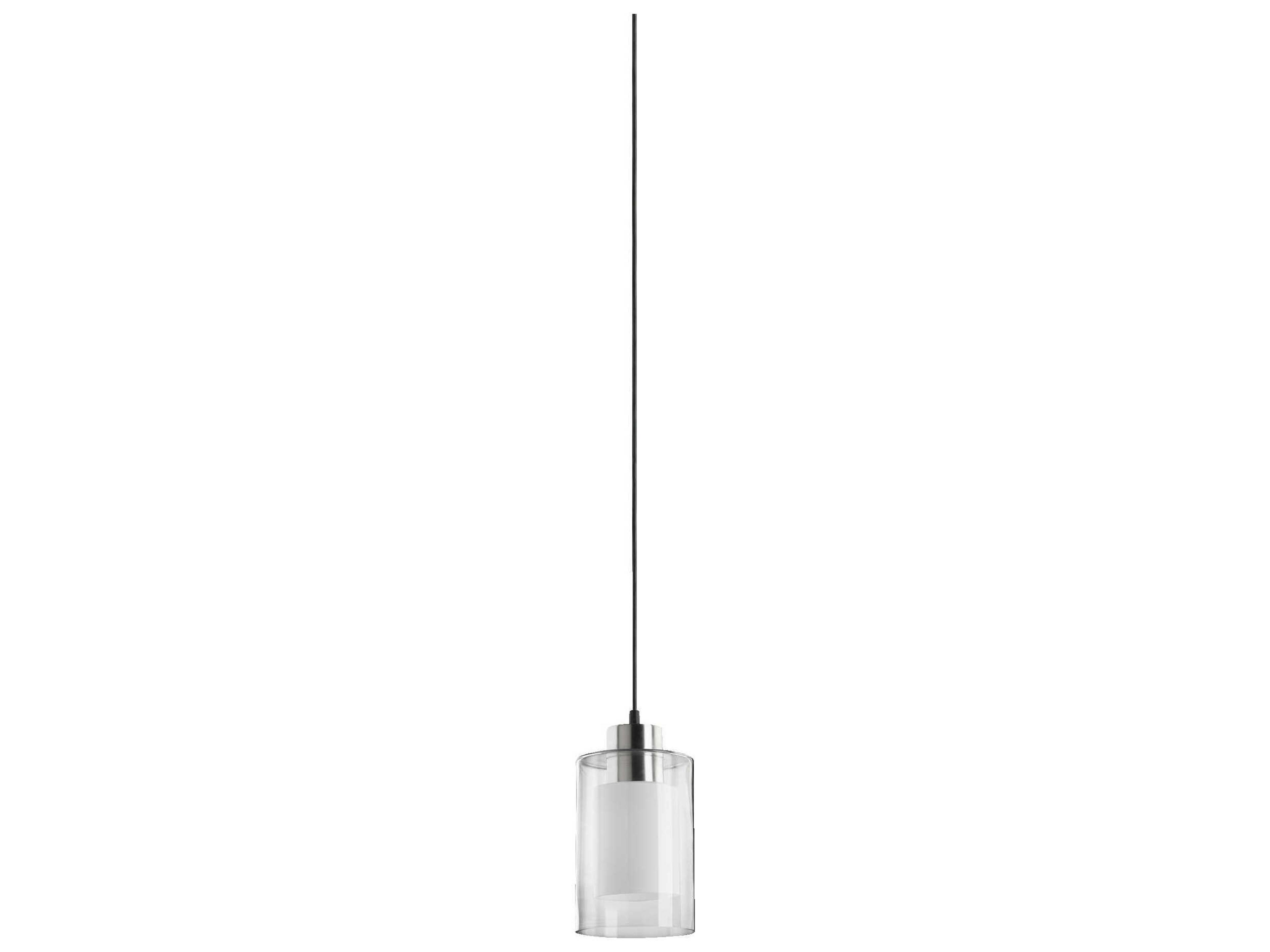 1-Light Satin Nickel Clear And White Glass Cylinder Mini Pendant