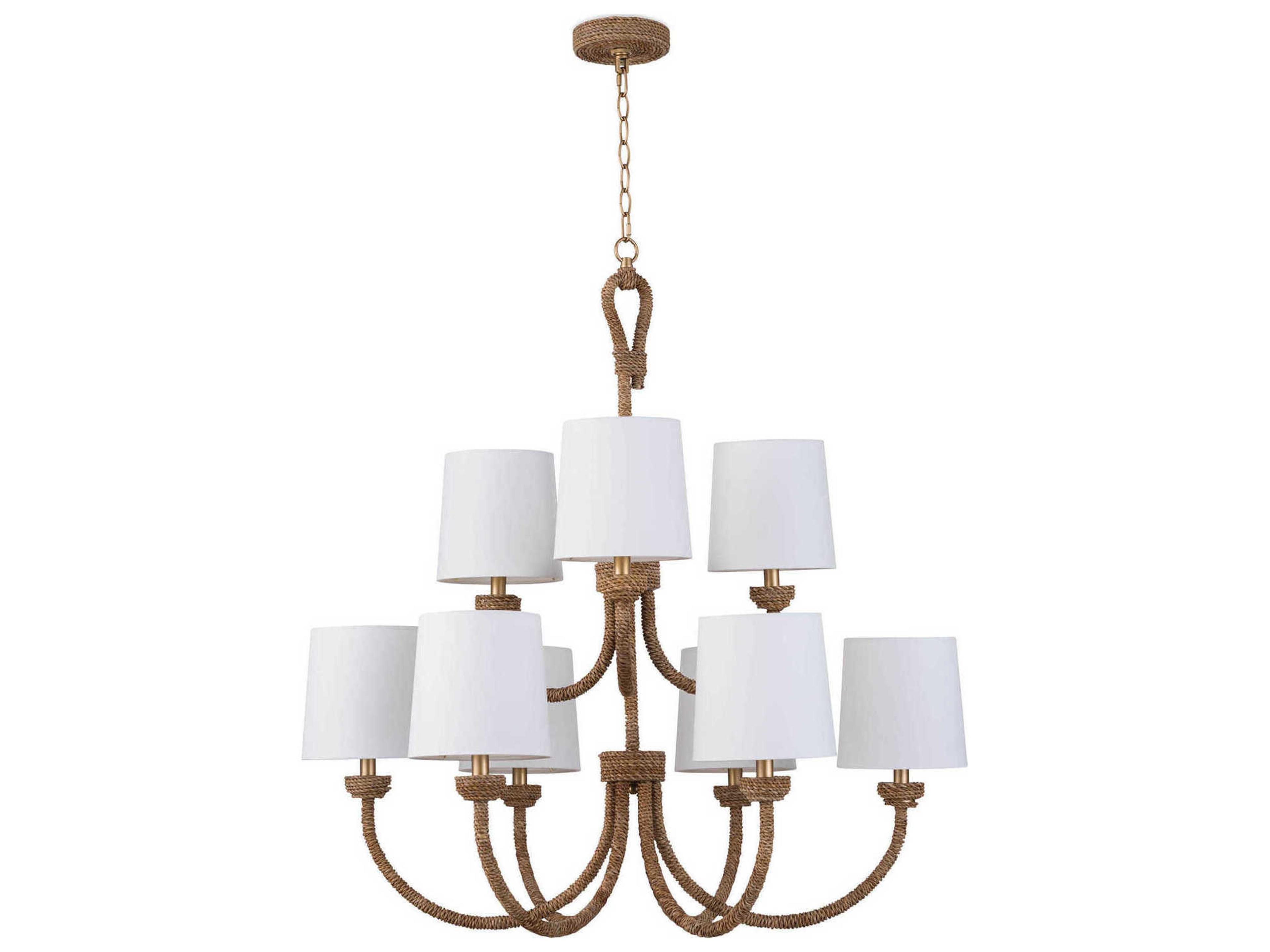 9-Light Natural Polished Brass Brown Empire Tiered Chandelier