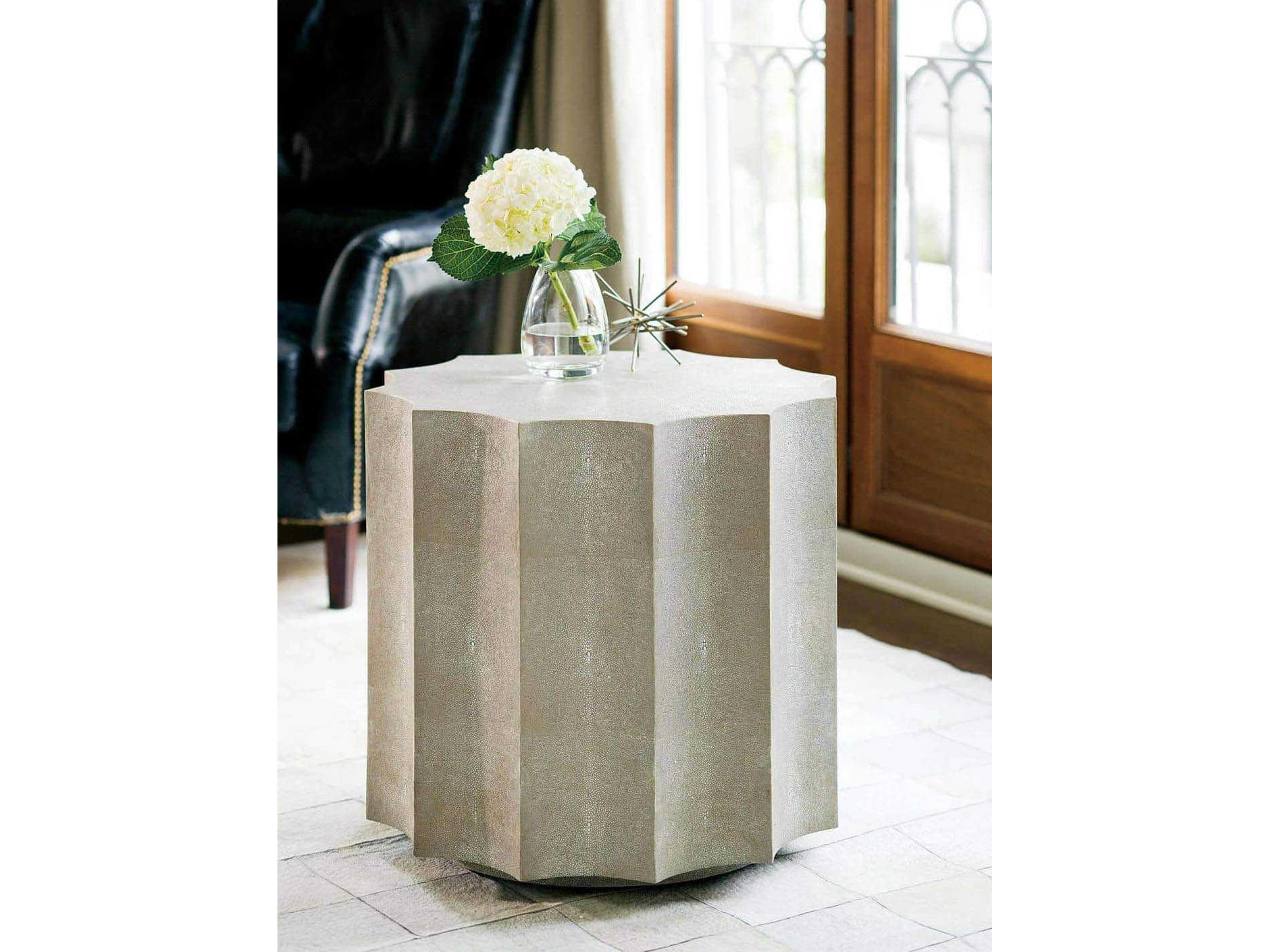 Regina Andrew Shagreen Round Faux Leather Ivory Grey End Table