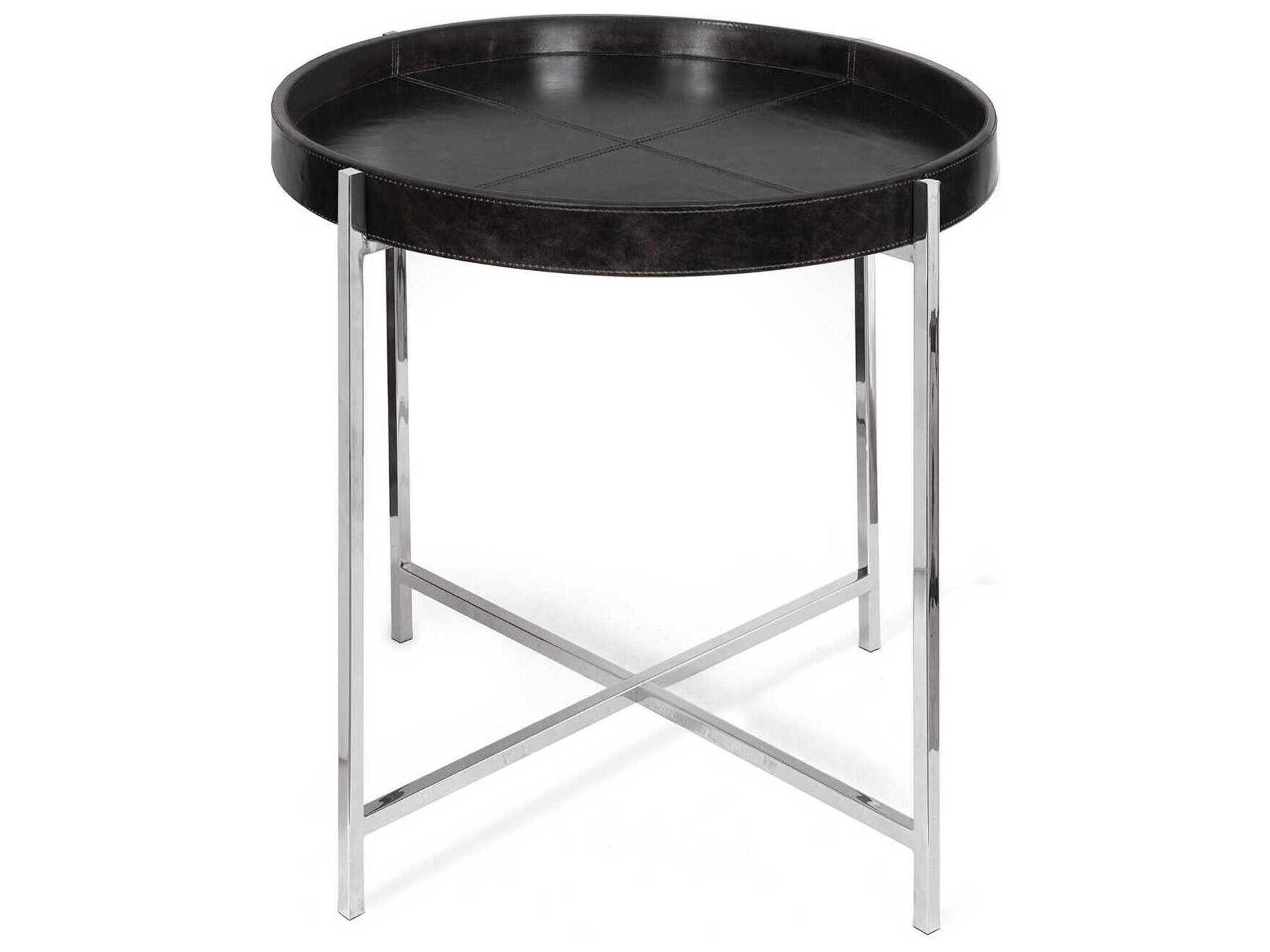 Derby Round Leather Black Polished Nickel End Table