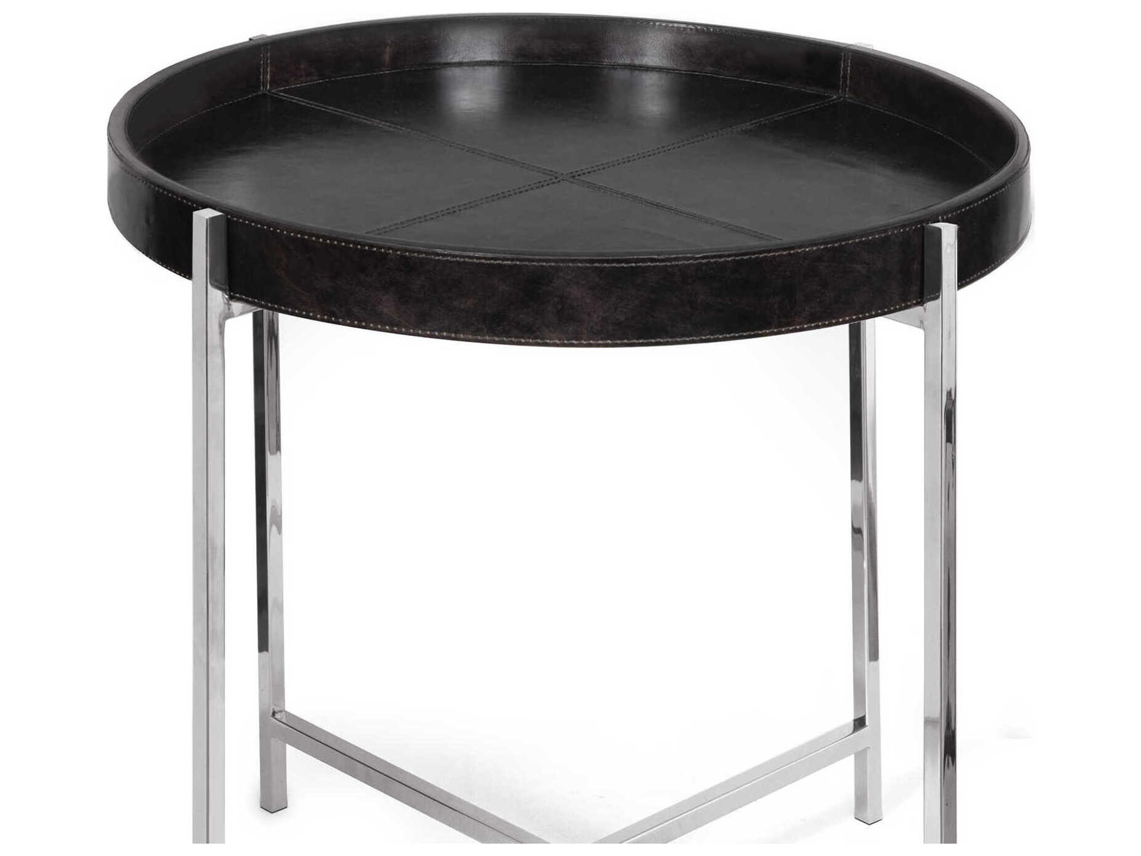 Regina Andrew Derby Round Leather Black Polished Nickel End Table
