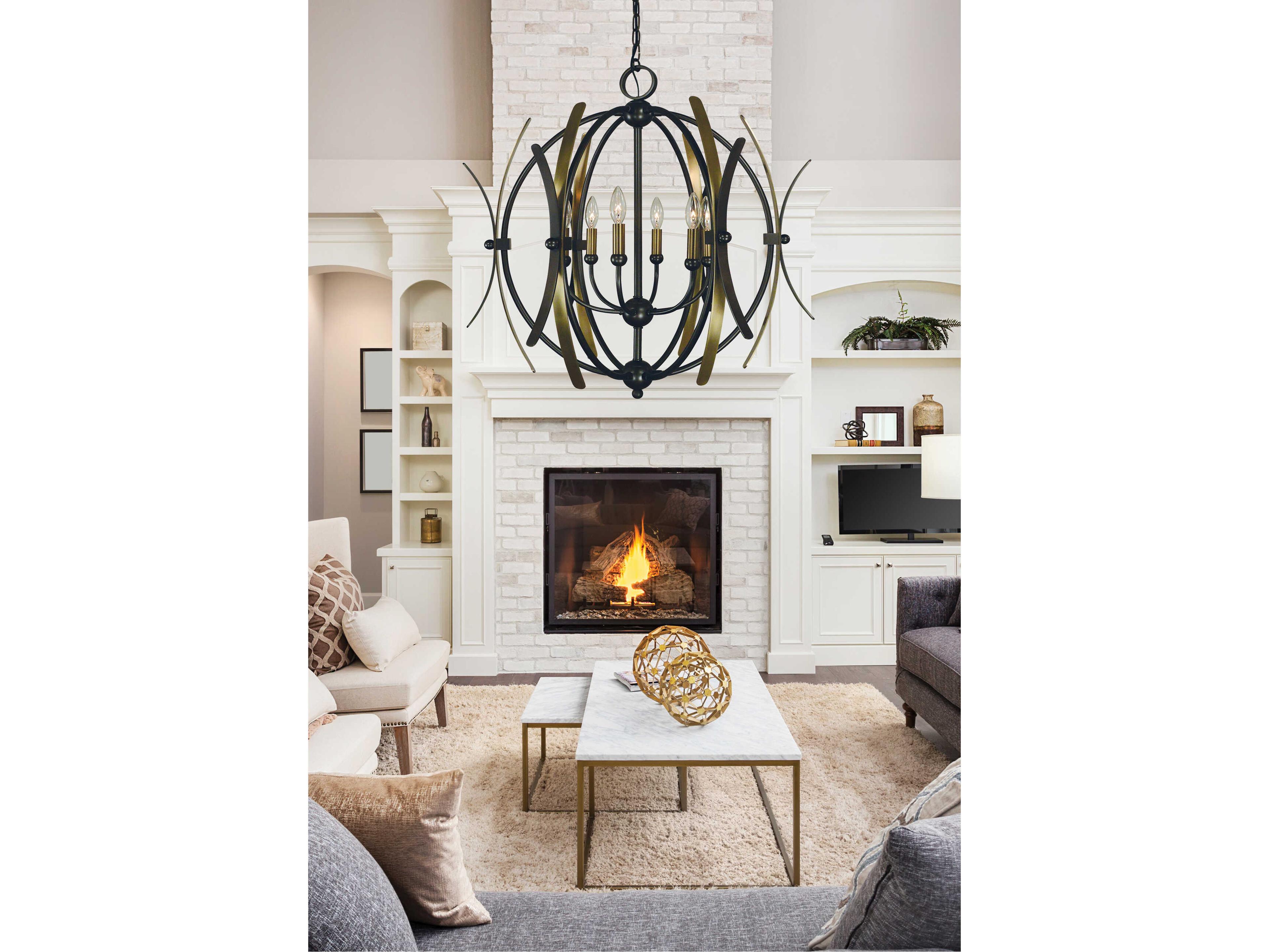 Framburg Monique 6-Light Mahogany Bronze Antique Brass Accents Candelabra Globe Chandelier