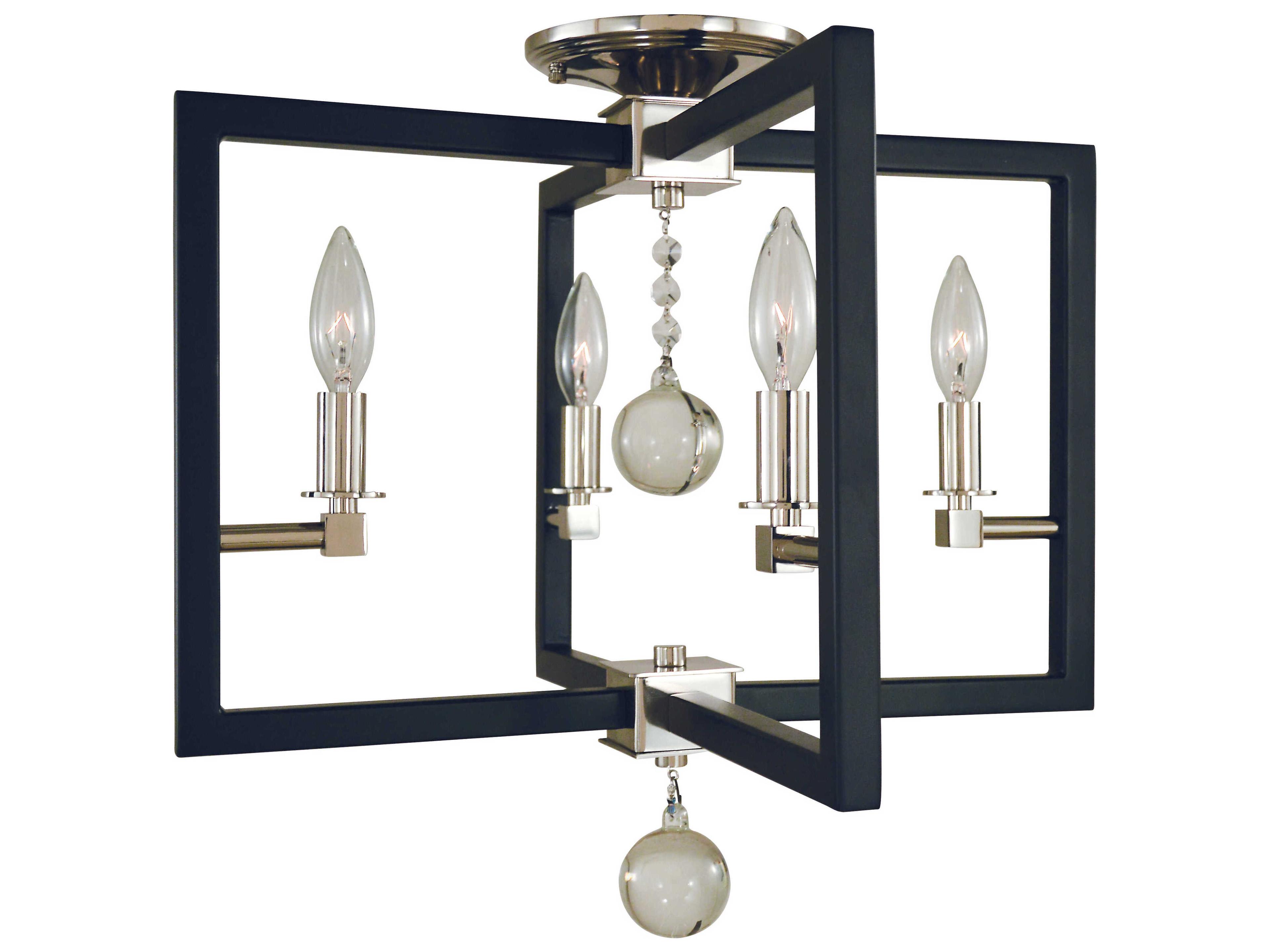 Minimalist Elegant 4-Light Polished Nickel Matte Black Crystal Geometric Semi Flush Mount