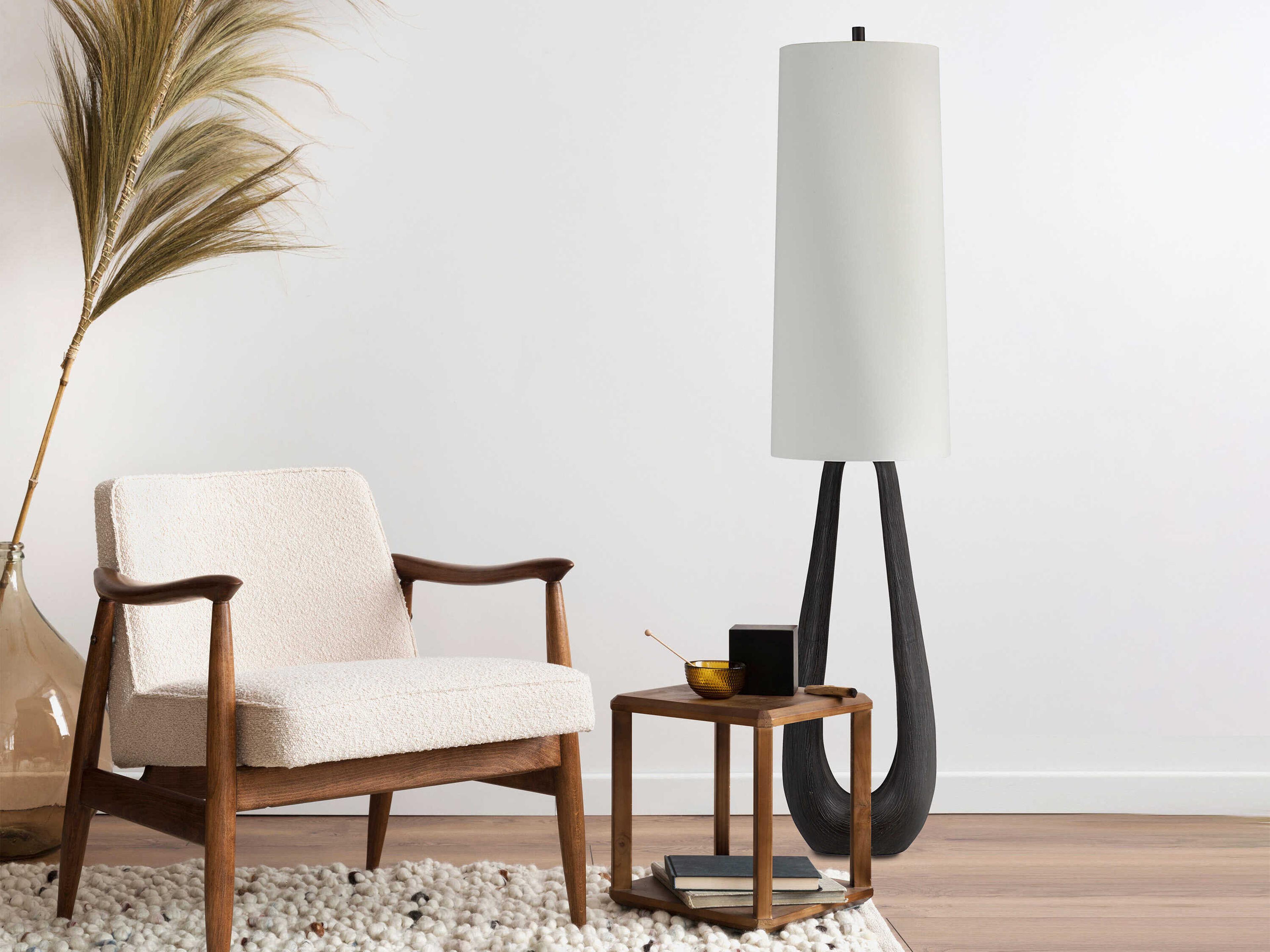 Renwil Cornelia Painted Dark Walnut Ivory Linen Black Floor Lamp