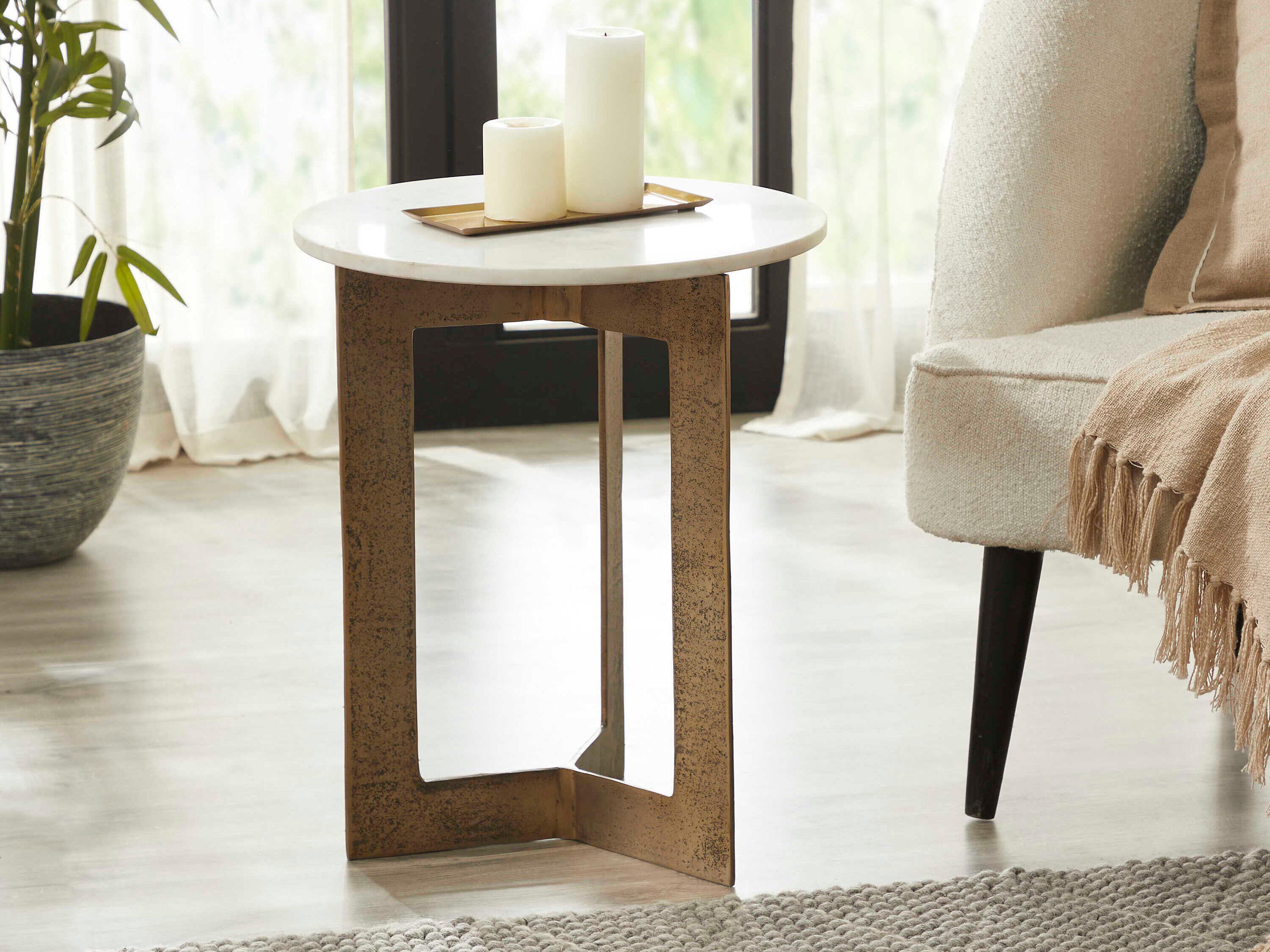 Renwil Hera Round Marble Antique Brass End Table