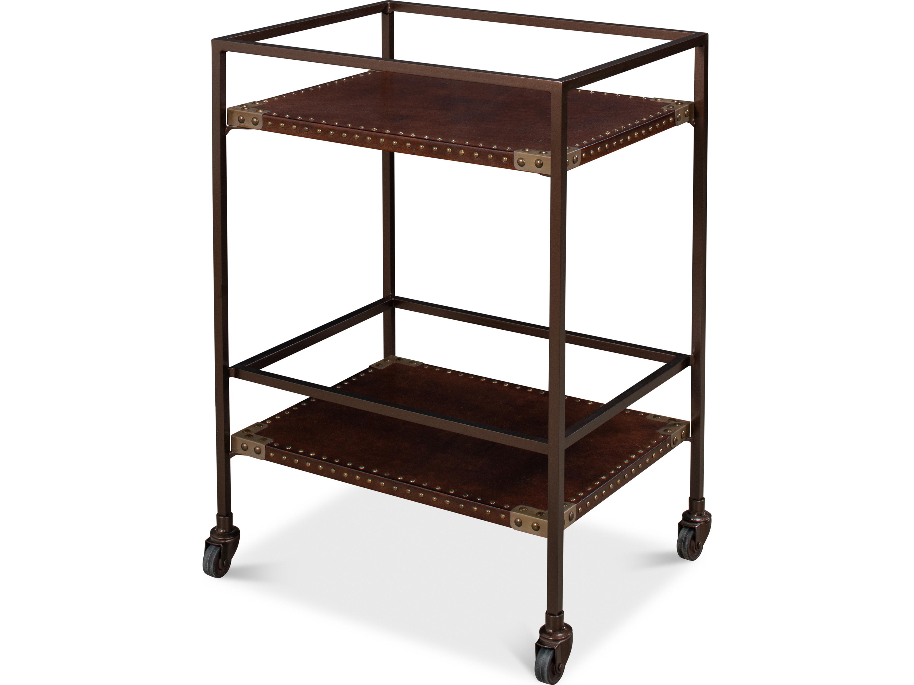 Industrial Trolley Side Table in Bronze Metal and Antique Brown Leather