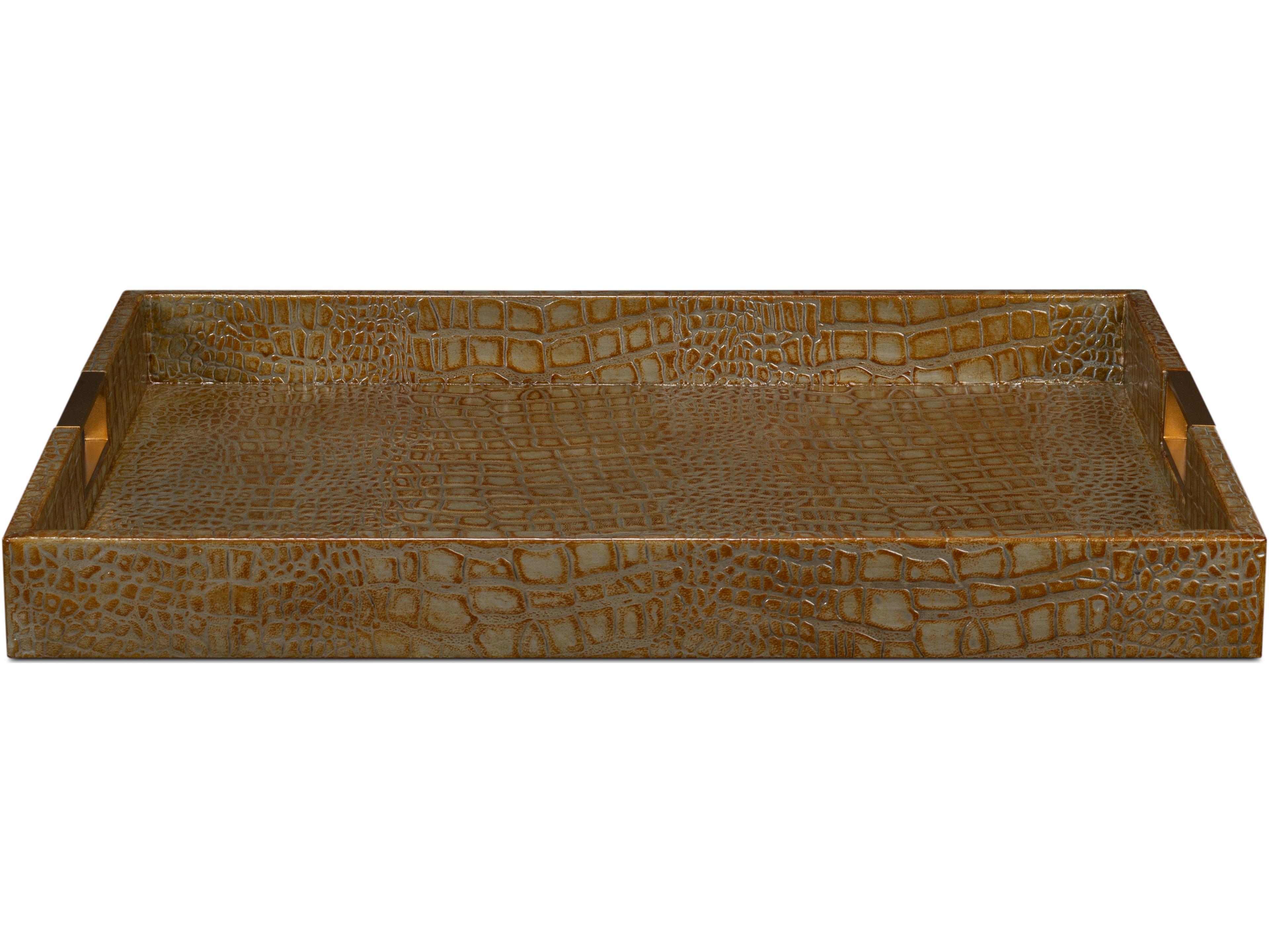 Sarreid Ltd Norton Leather Tray Croco Leather Antique Gray