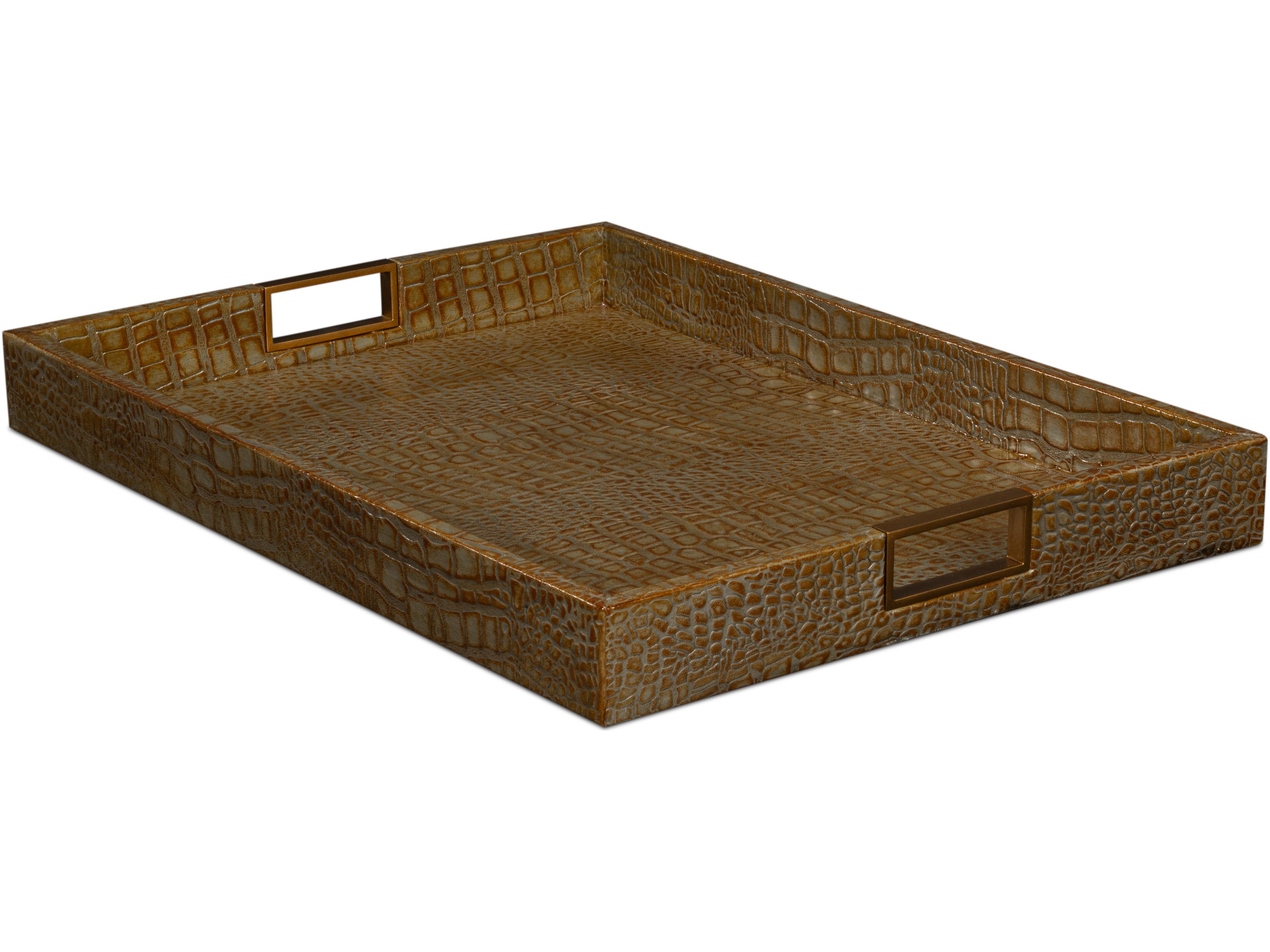 Sarreid Ltd Norton Leather Tray Croco Leather Antique Gray