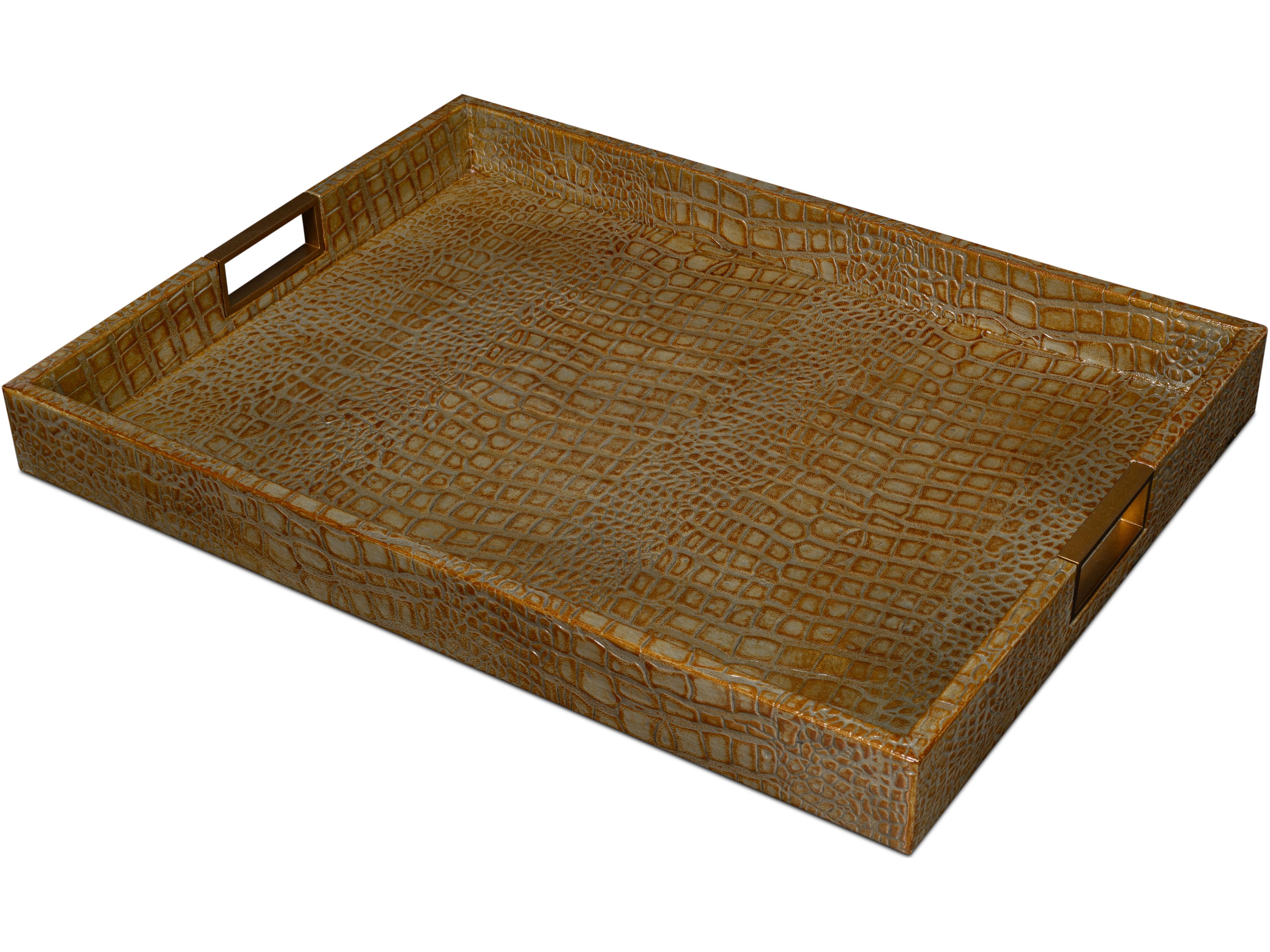 Sarreid Ltd Norton Leather Tray Croco Leather Antique Gray