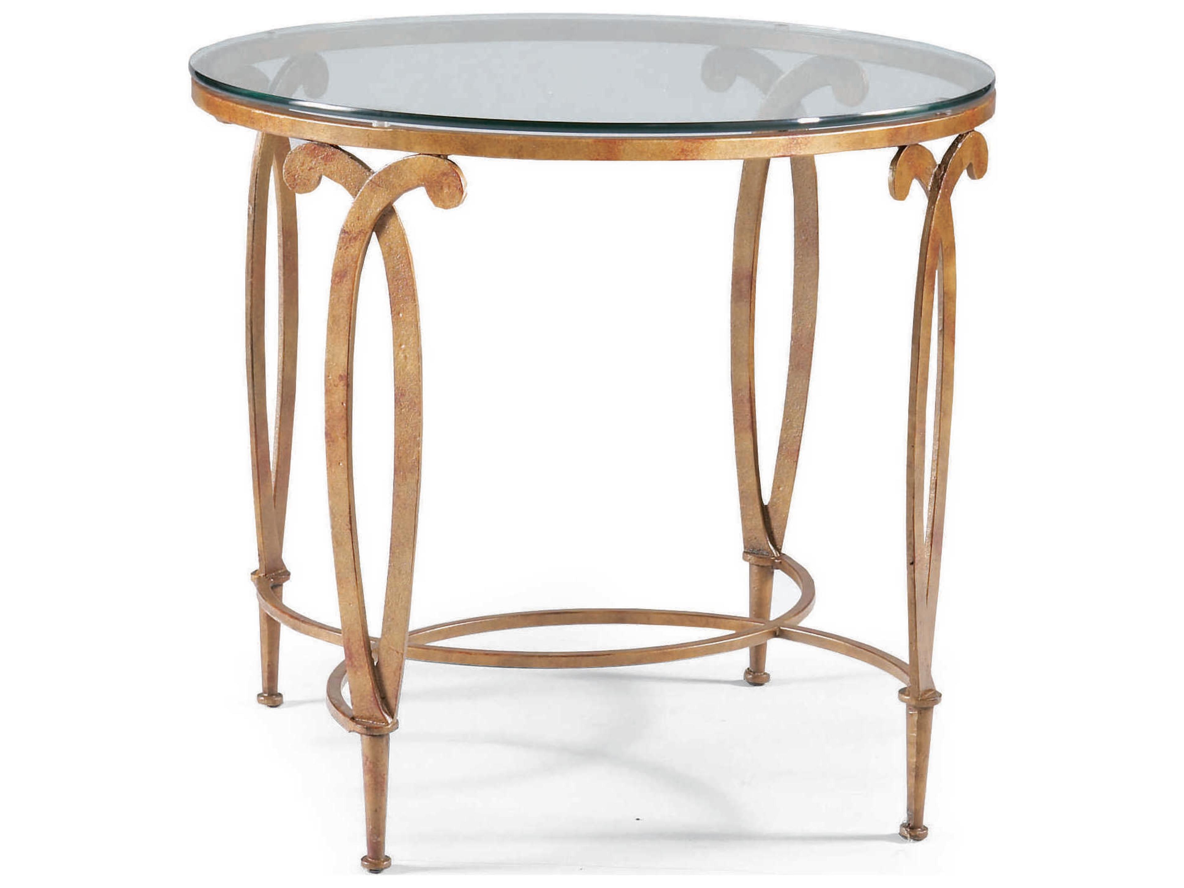 Fleur-de-lis Round Glass Antique Muted Gold Lamp Table