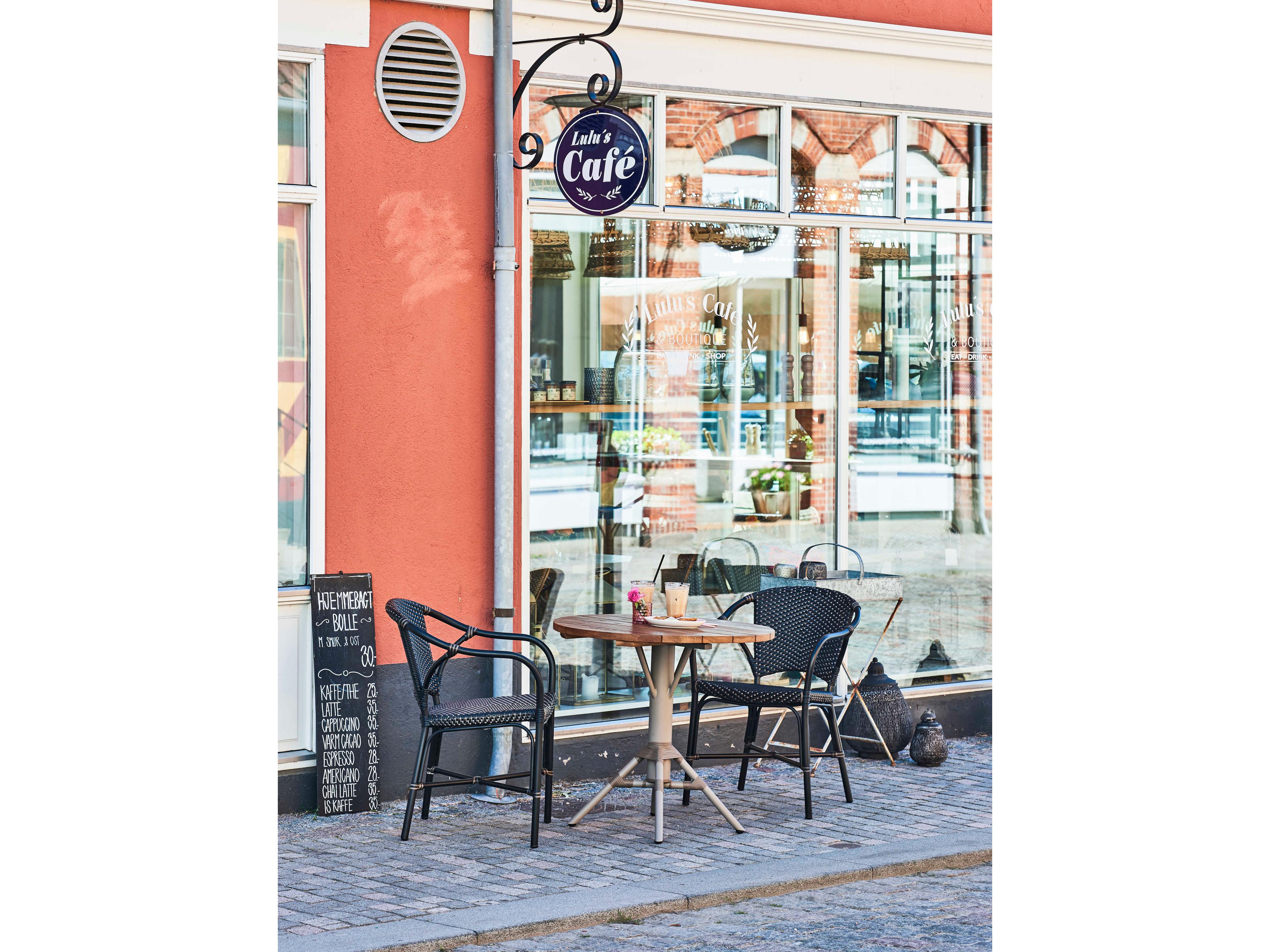 Sika Design Alu Affaire Aluminum Black Valerie Stackable Outdoor Dining Arm Chair in Black/Cappuccino Dots