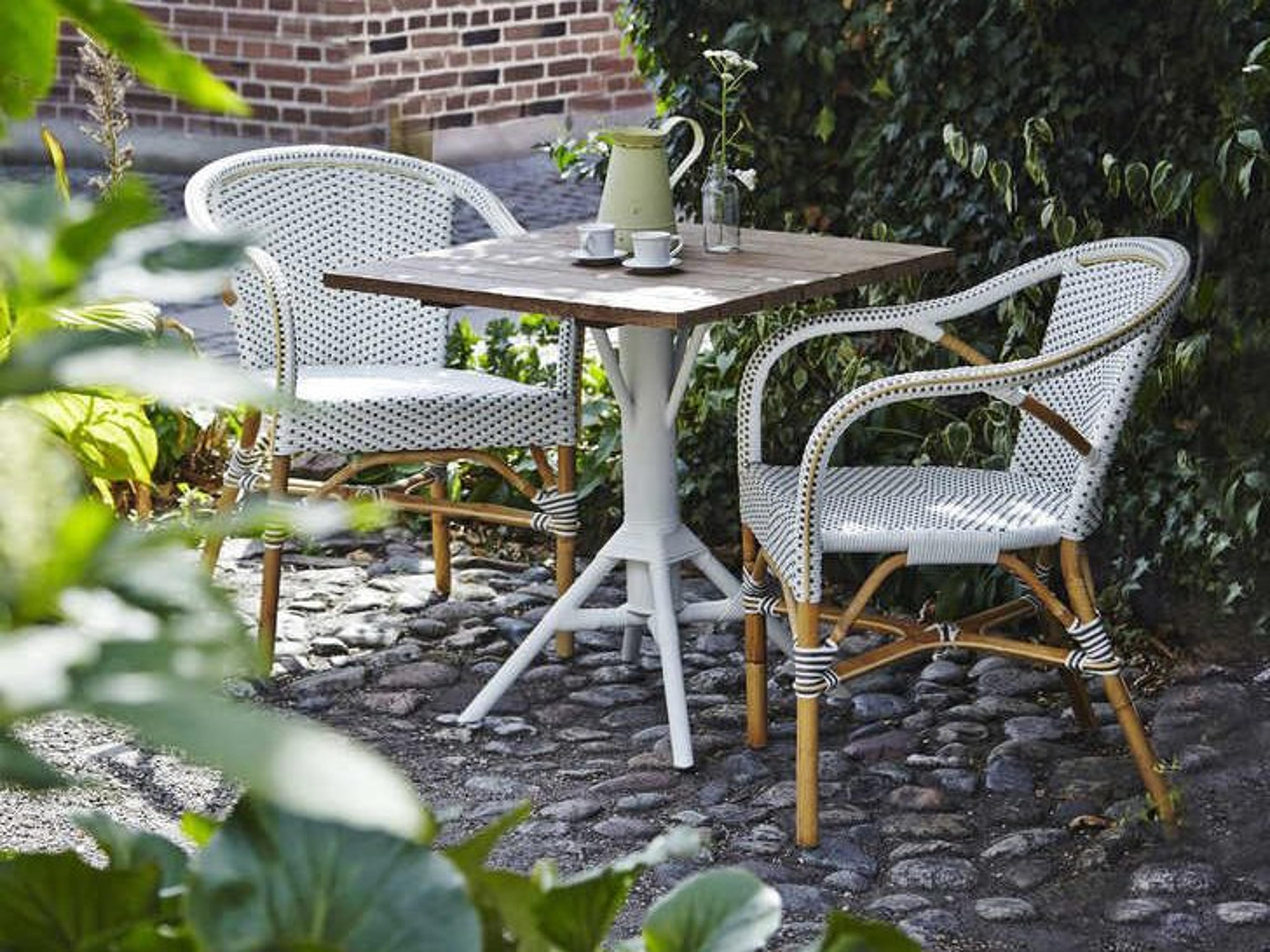Sika Design Alu Affaire Aluminum White Madelaine Stackable Outdoor Dining Arm Chair in White/Cappuccino Dots