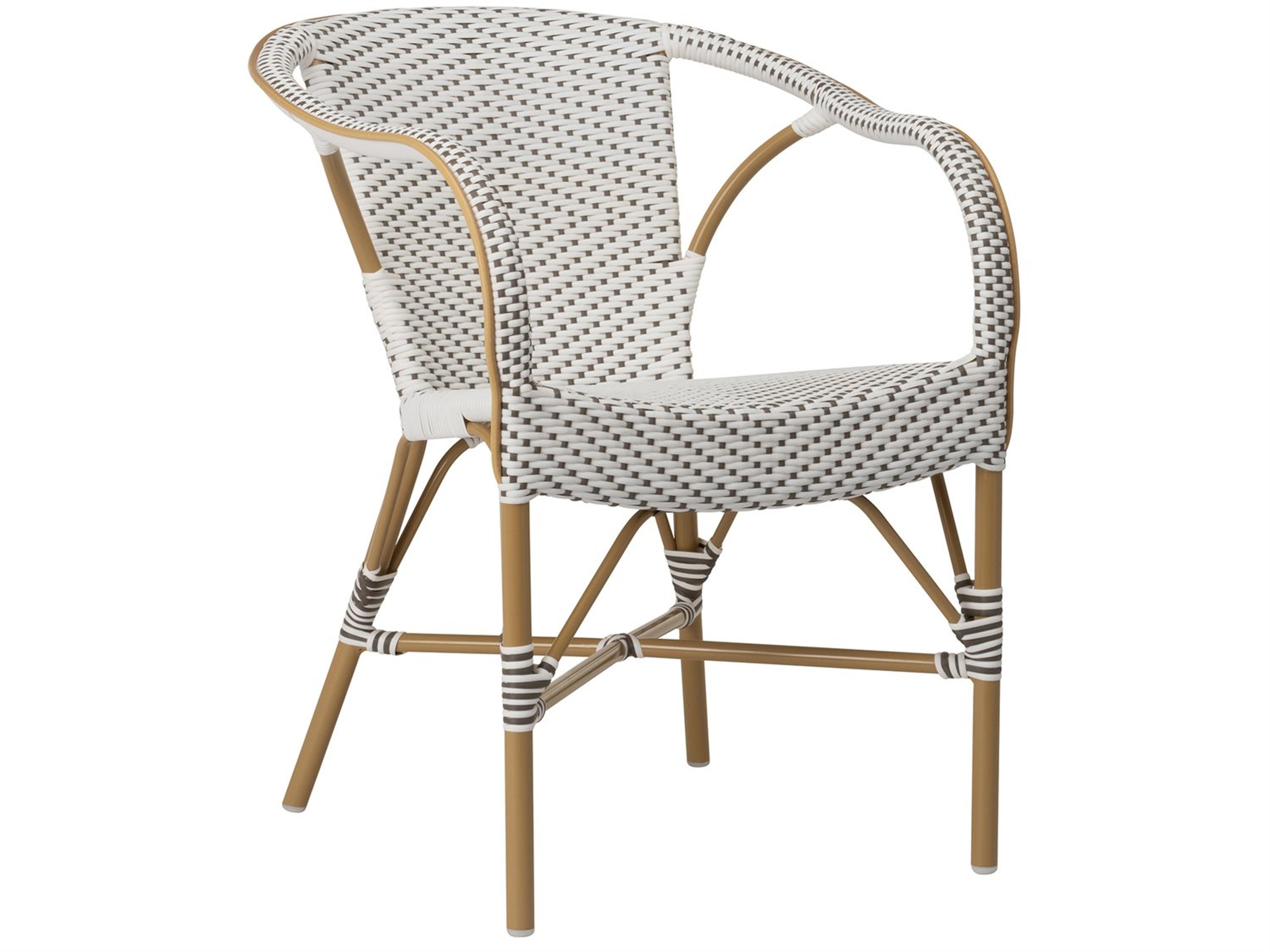 Alu Affaire Aluminum Rattan Natural White with Cappuccino dot Almond Madeleine Stackable Outdoor Patio Dining Arm Chair