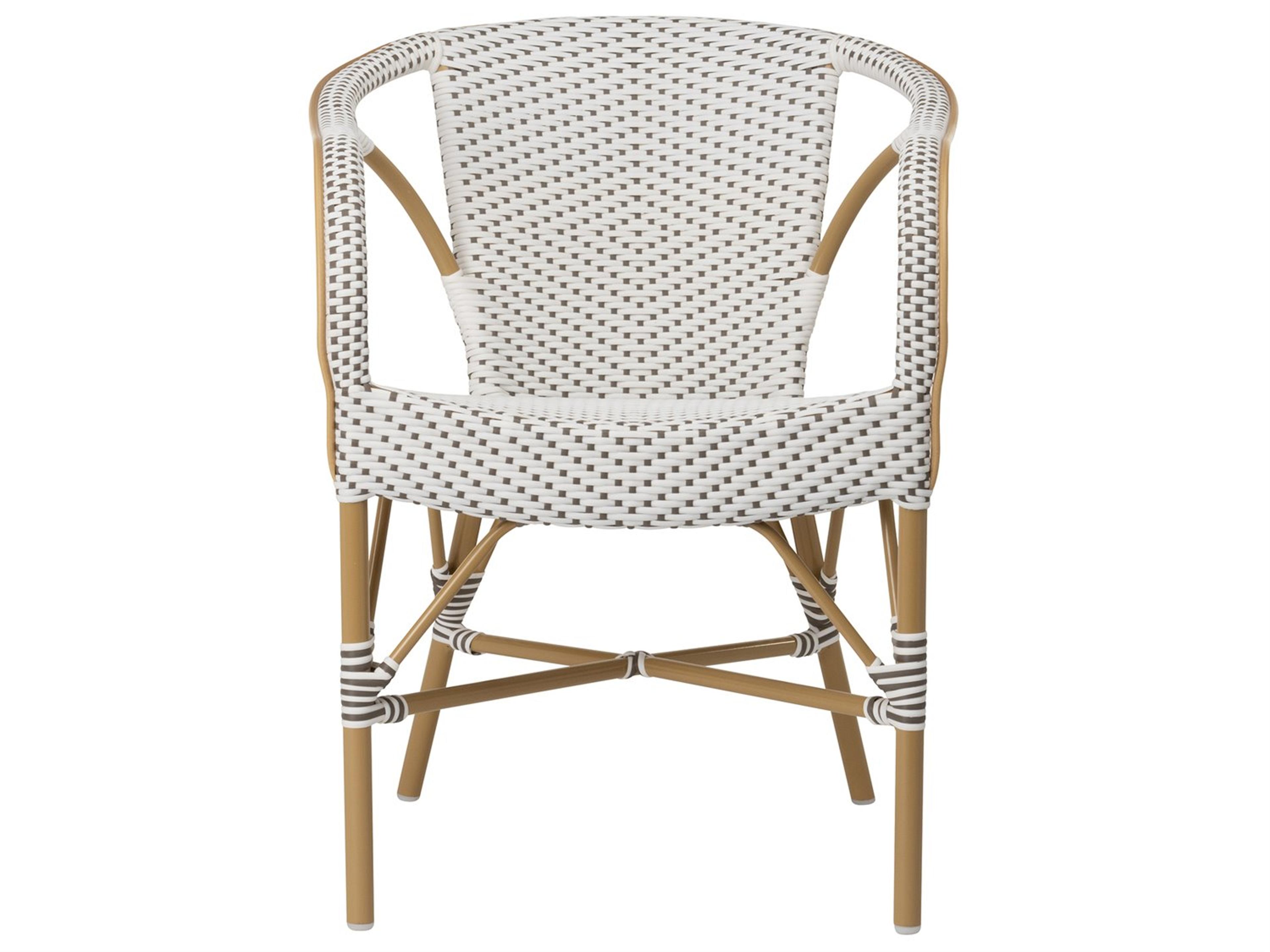Sika Design Alu Affaire Aluminum Rattan Natural White with Cappuccino dot Almond Madeleine Stackable Outdoor Patio Dining Arm Chair