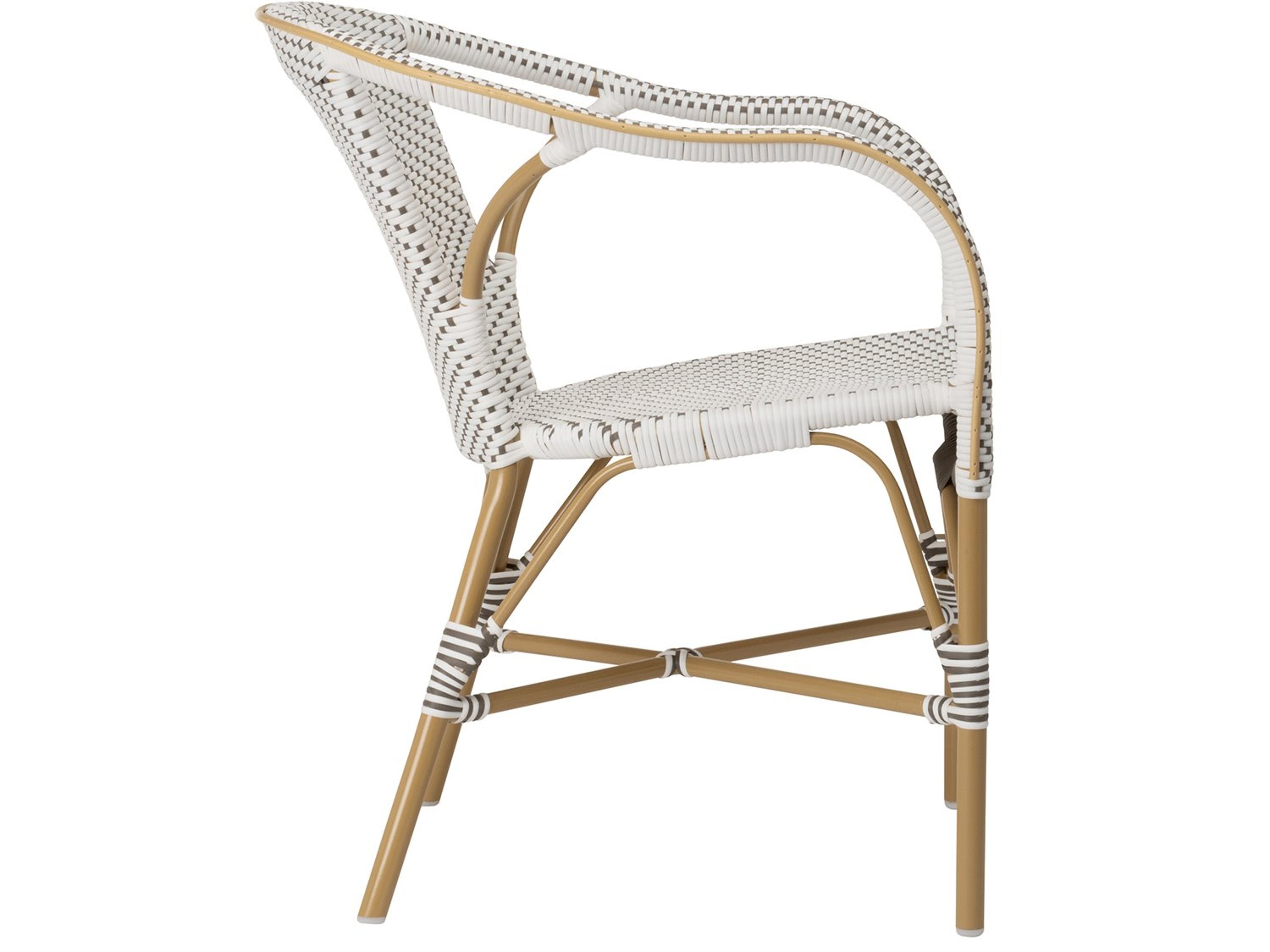 Sika Design Alu Affaire Aluminum Rattan Natural White with Cappuccino dot Almond Madeleine Stackable Outdoor Patio Dining Arm Chair