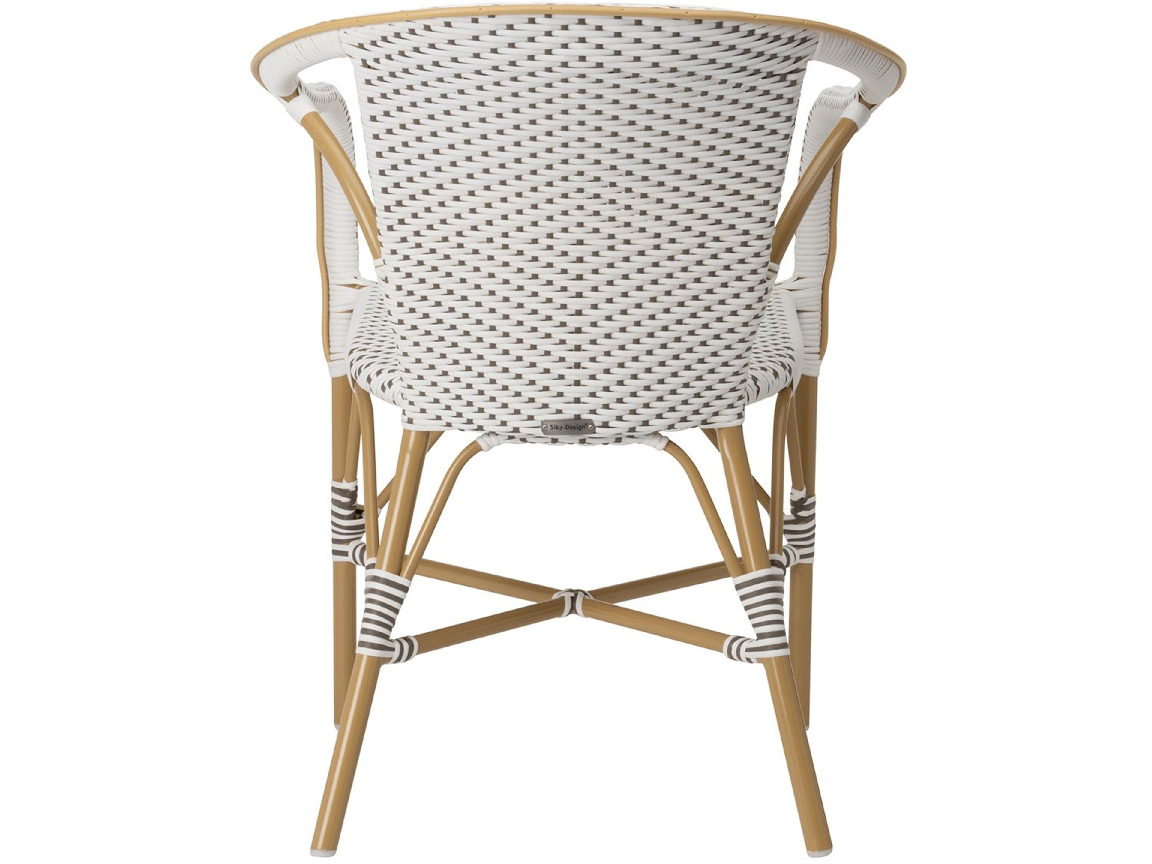 Sika Design Alu Affaire Aluminum Rattan Natural White with Cappuccino dot Almond Madeleine Stackable Outdoor Patio Dining Arm Chair