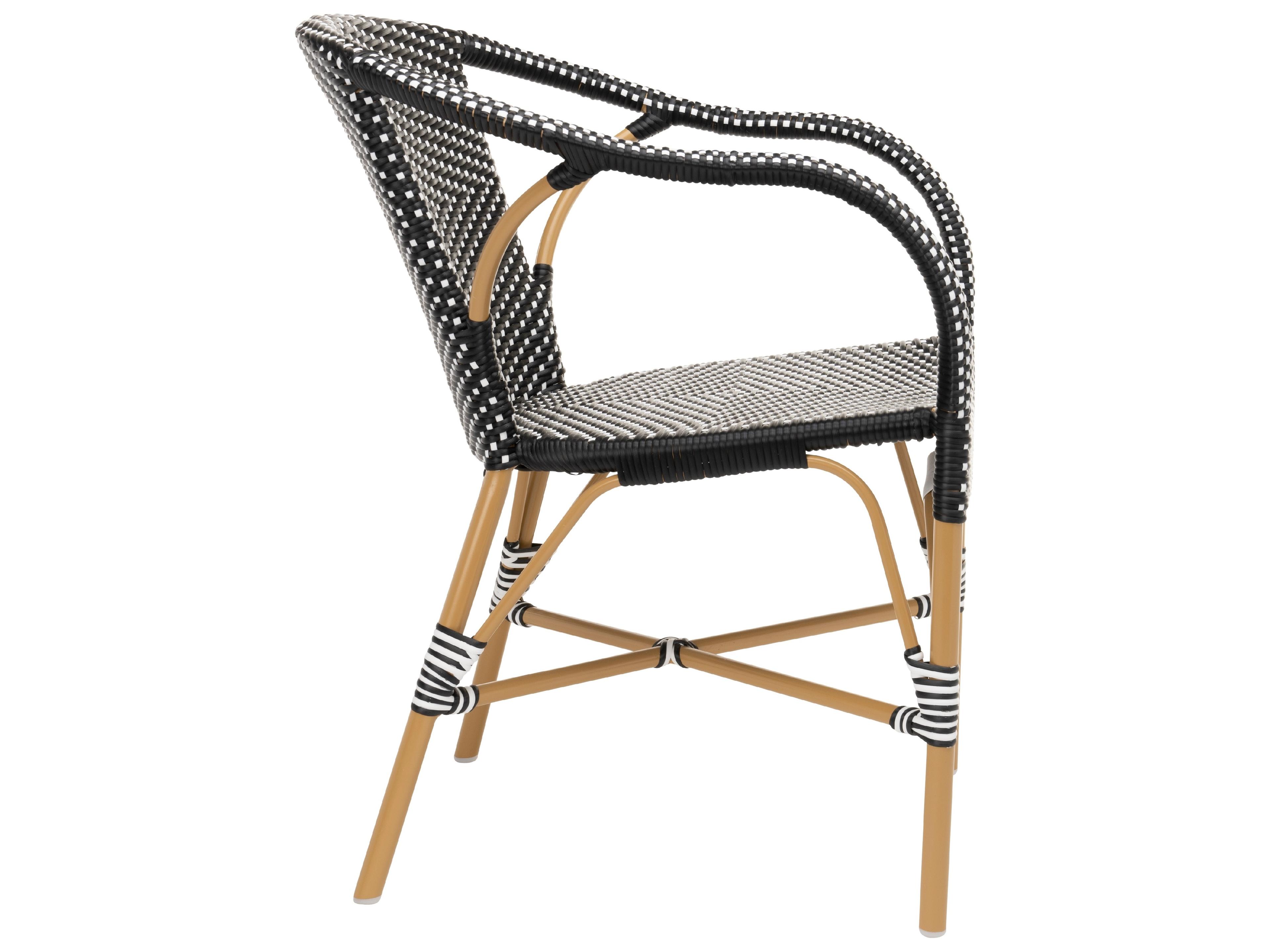 Sika Design Affaire Alu-Rattan Aluminum Wicker Almond Madeleine Stackable Outdoor Dining Arm Chair in Black with White Dots