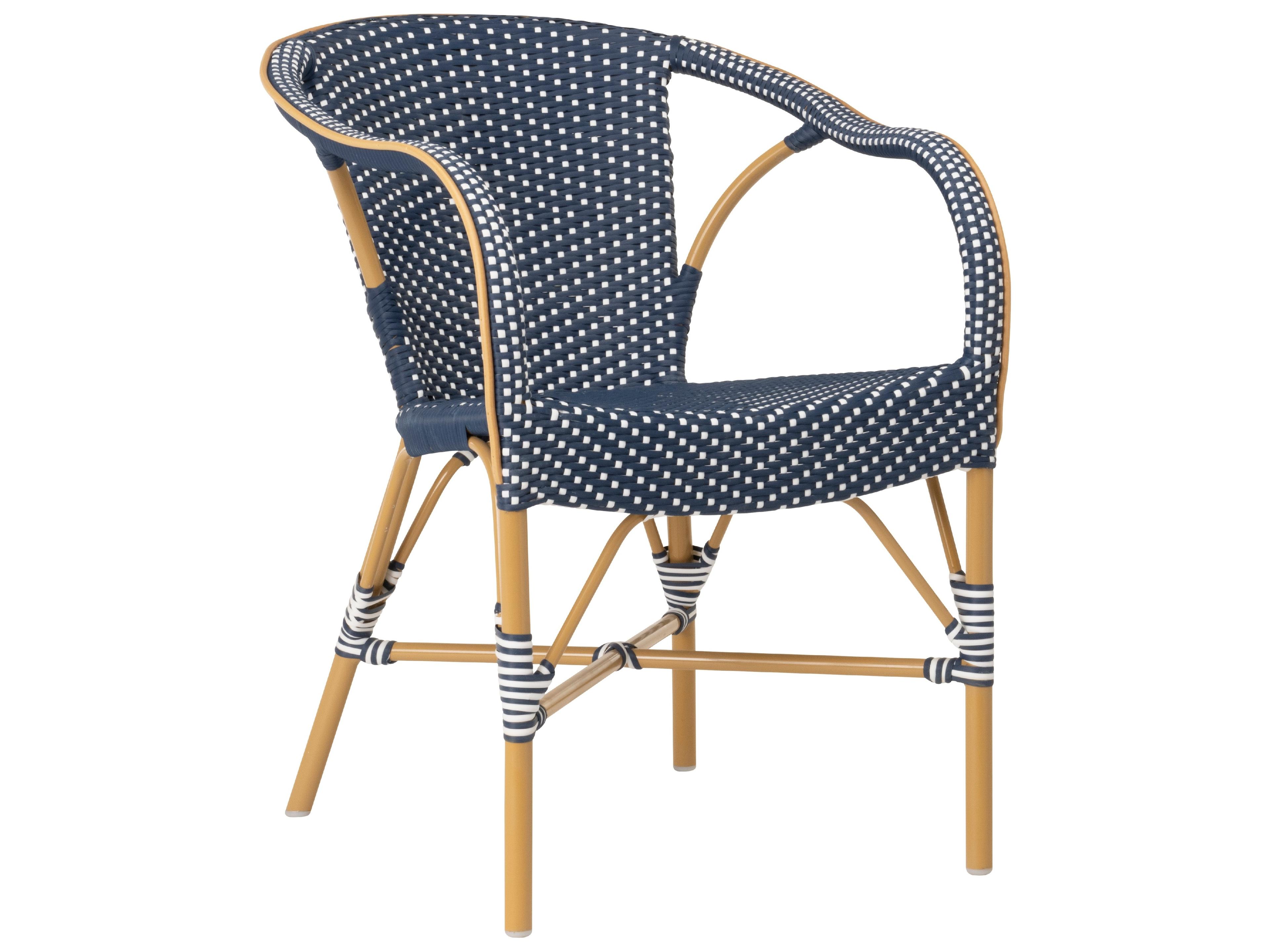 Affaire Alu-Rattan Aluminum Wicker Almond Madeleine Stackable Patio Dining Arm Chair in Navy with White Dots