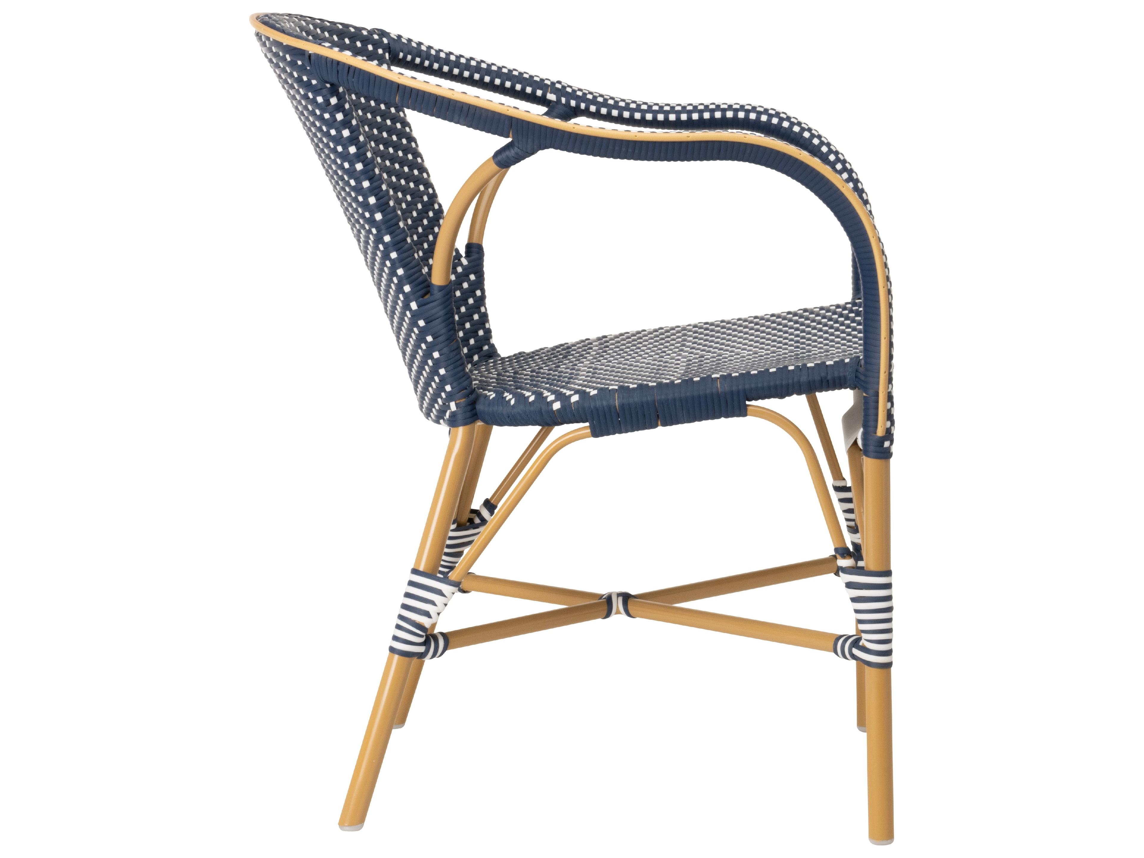 Sika Design Affaire Alu-Rattan Aluminum Wicker Almond Madeleine Stackable Patio Dining Arm Chair in Navy with White Dots
