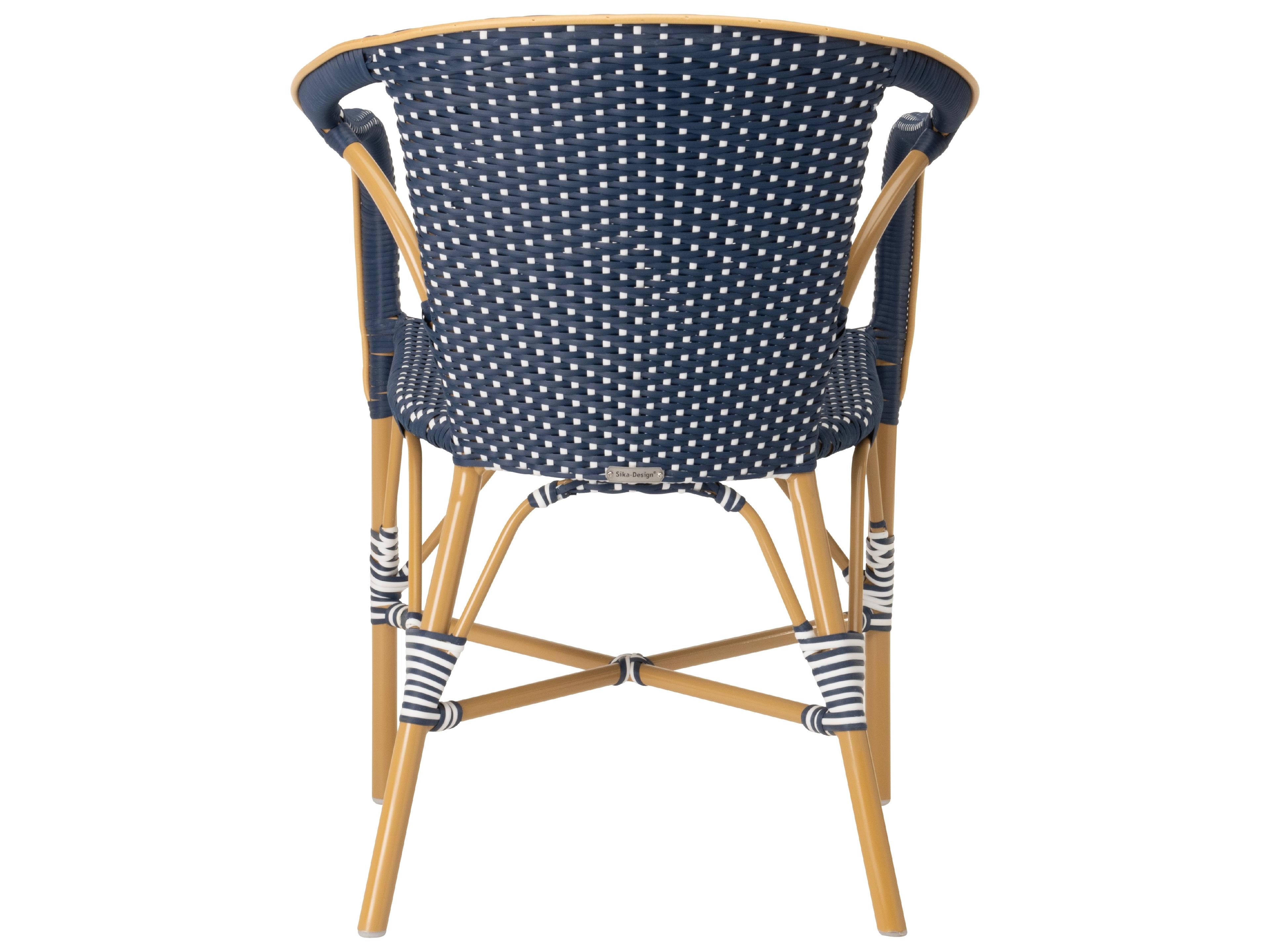 Sika Design Affaire Alu-Rattan Aluminum Wicker Almond Madeleine Stackable Patio Dining Arm Chair in Navy with White Dots