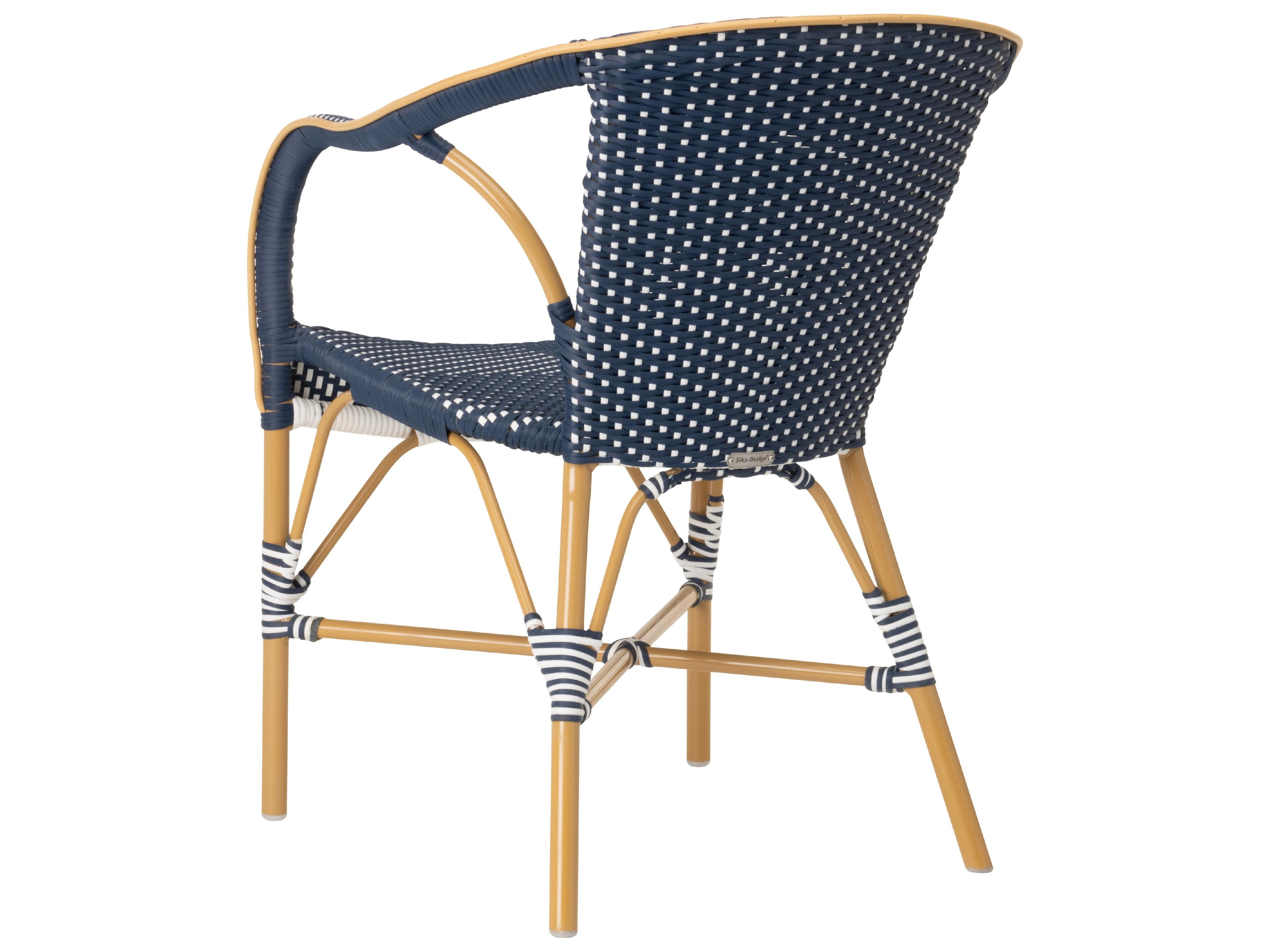 Sika Design Affaire Alu-Rattan Aluminum Wicker Almond Madeleine Stackable Patio Dining Arm Chair in Navy with White Dots