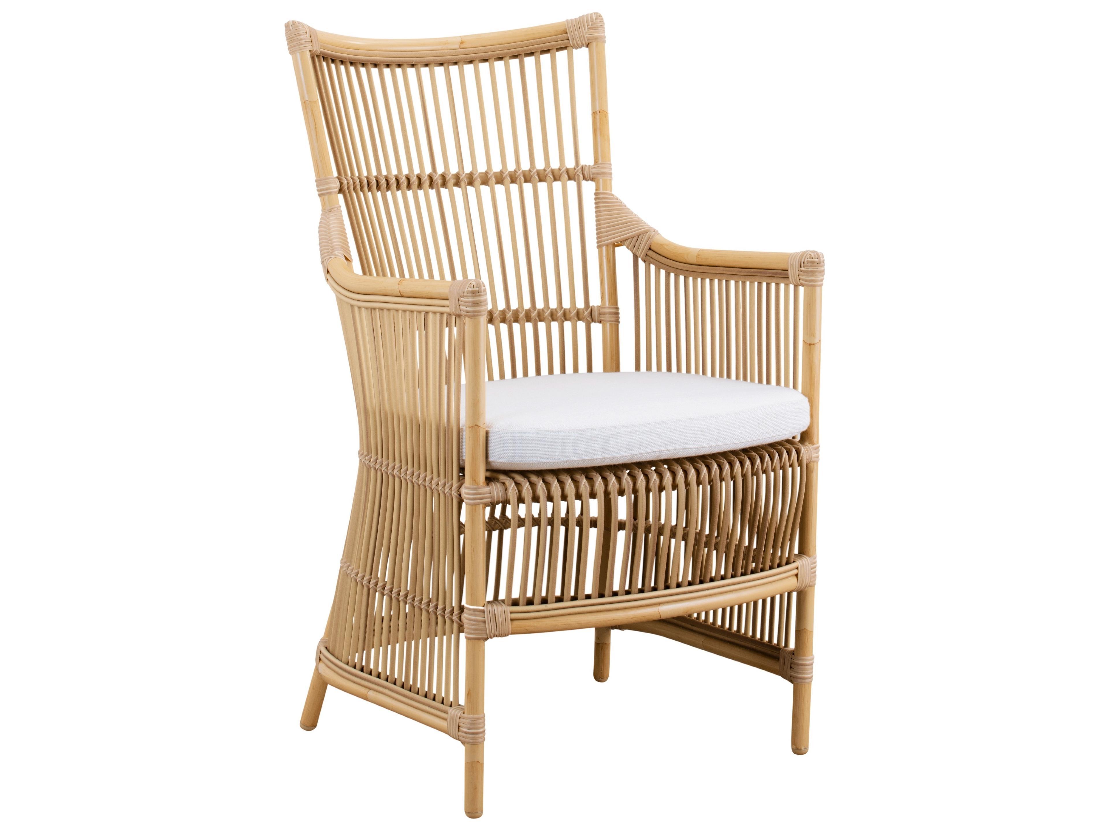 Exterior Aluminum Rattan Natural Davinci Outdoor Dining Arm Chair in Tempotest Canvas White