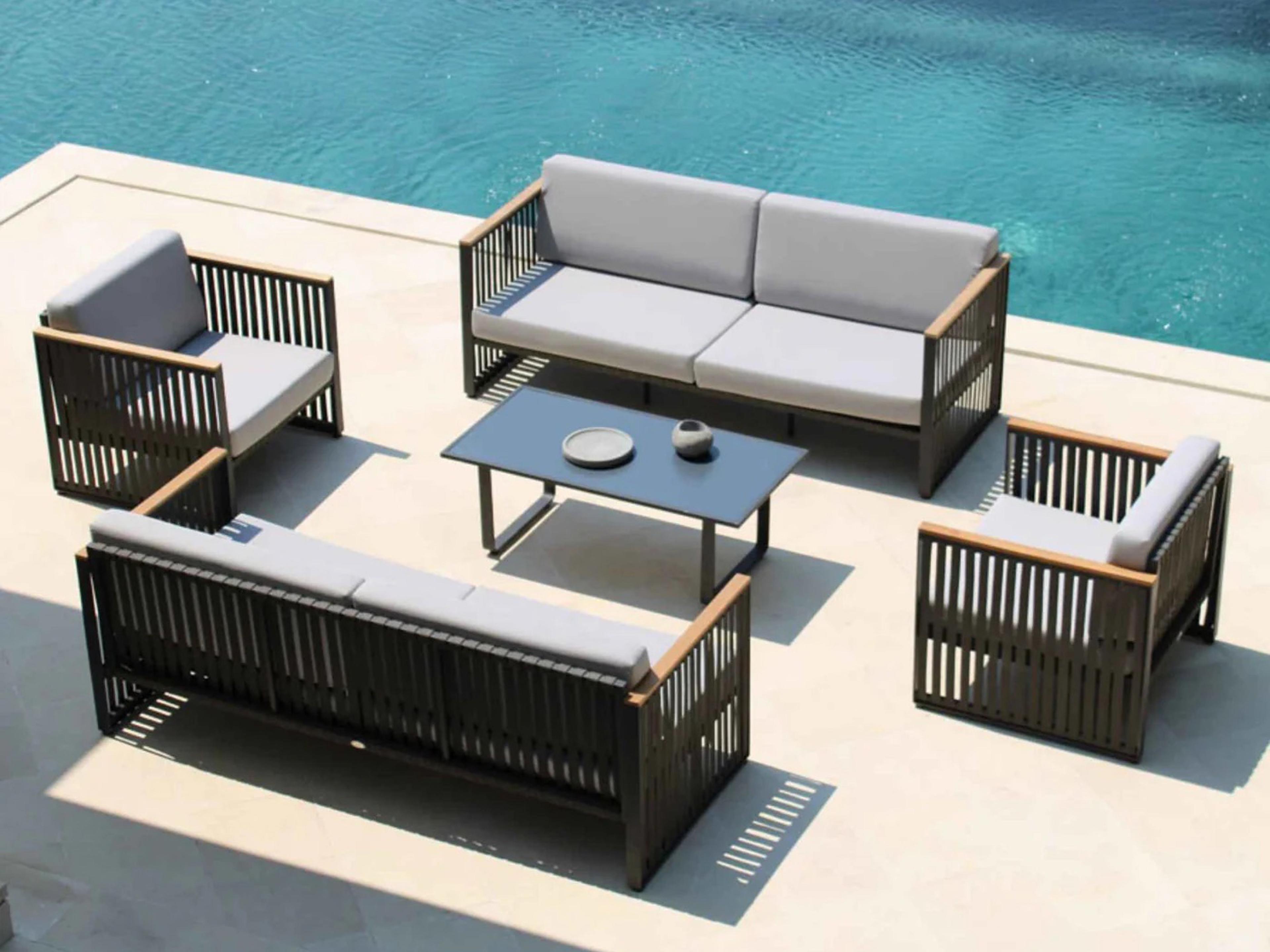Horizon Dark Gray Strap Teak Arm Aluminum Cushion Lounge Set
