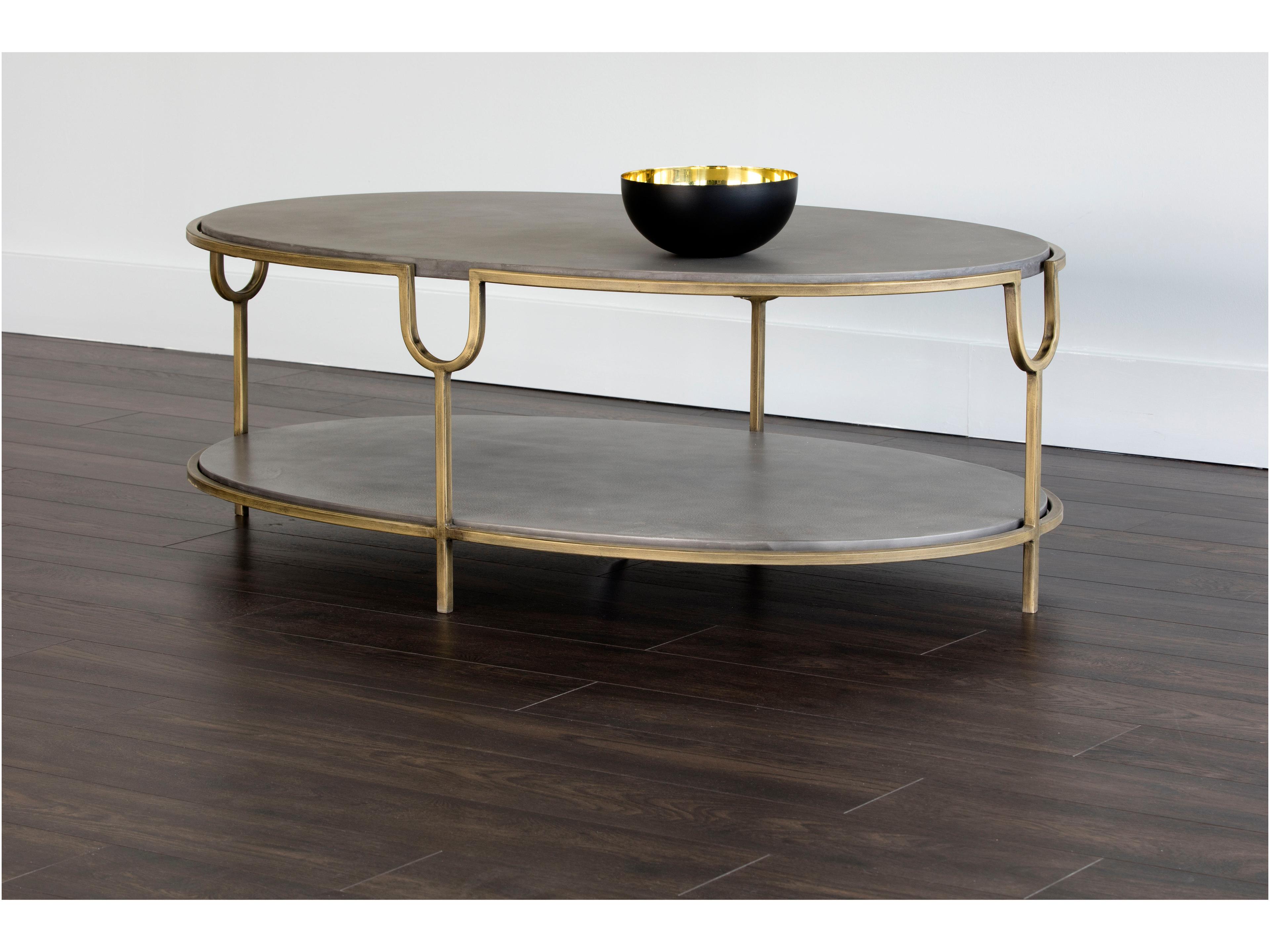 Sunpan Mixt Arya Oval Concrete Grey Antique Brass Coffee Table