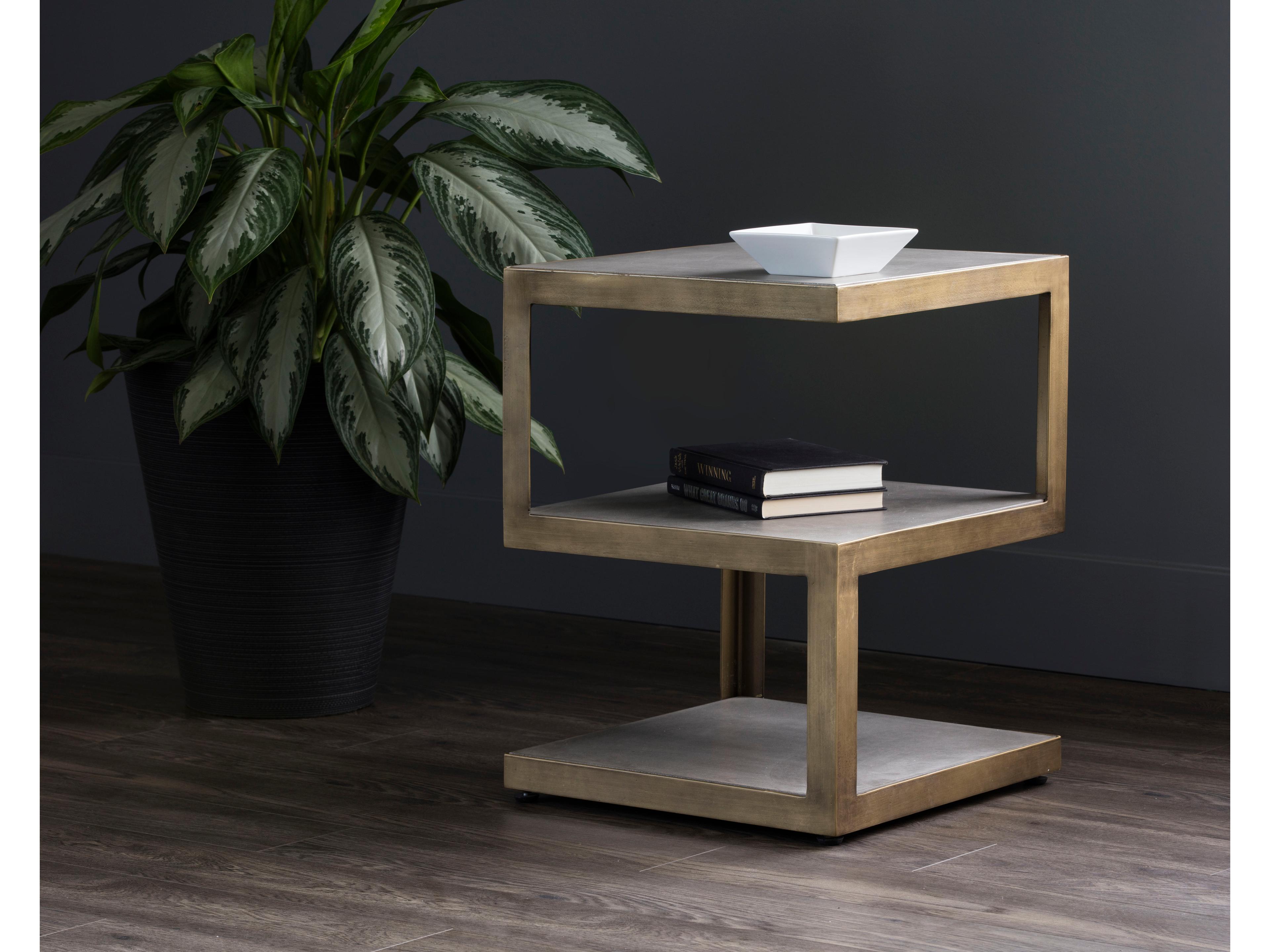 Sunpan Solterra Rubix Square Concrete Grey Antique Brass End Table
