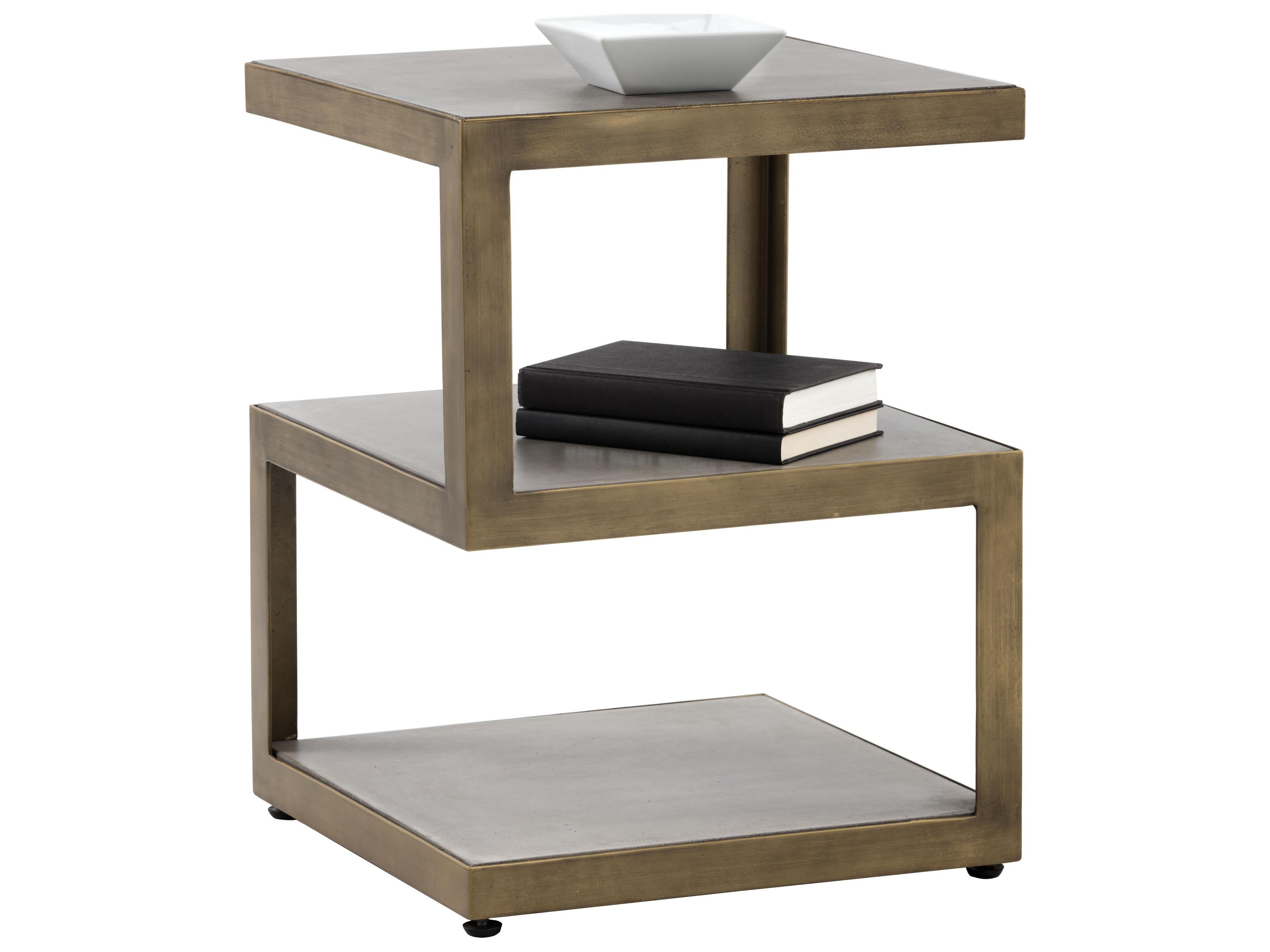 Sunpan Solterra Rubix Square Concrete Grey Antique Brass End Table