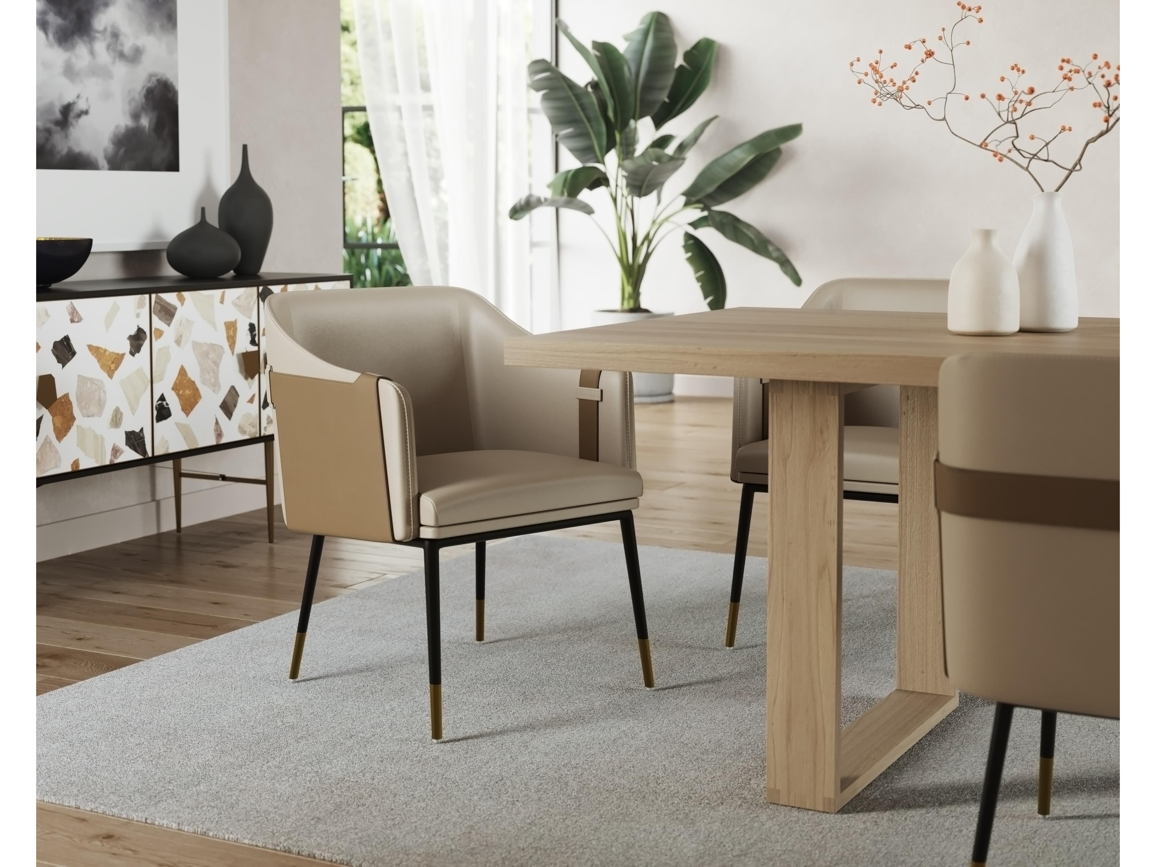 Sunpan Ikon Carter Leather Beige Upholstered Arm Dining Chair