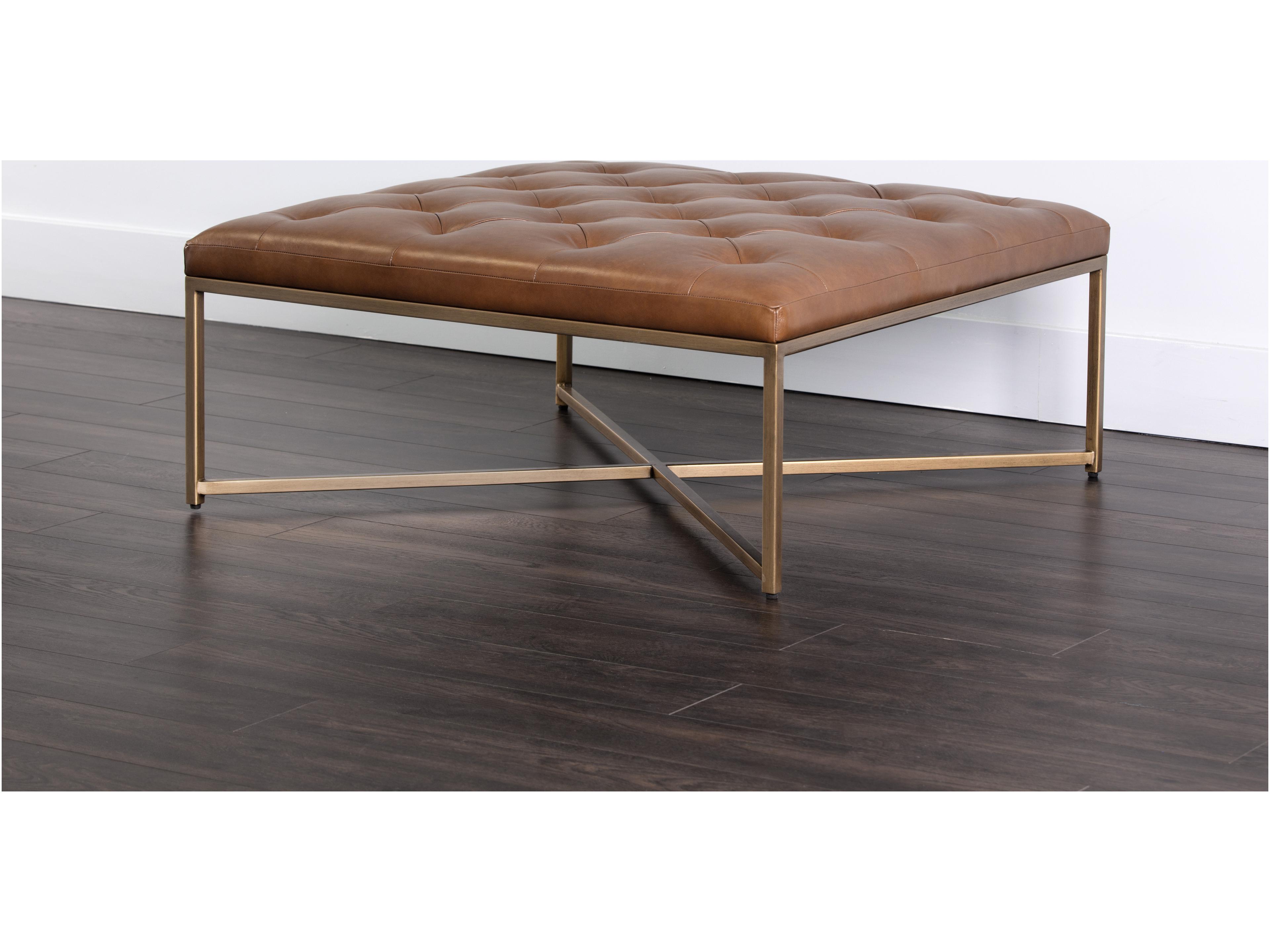 Sunpan Mixt Endall Vintage Camel Antique Brass Brown Leather Ottoman