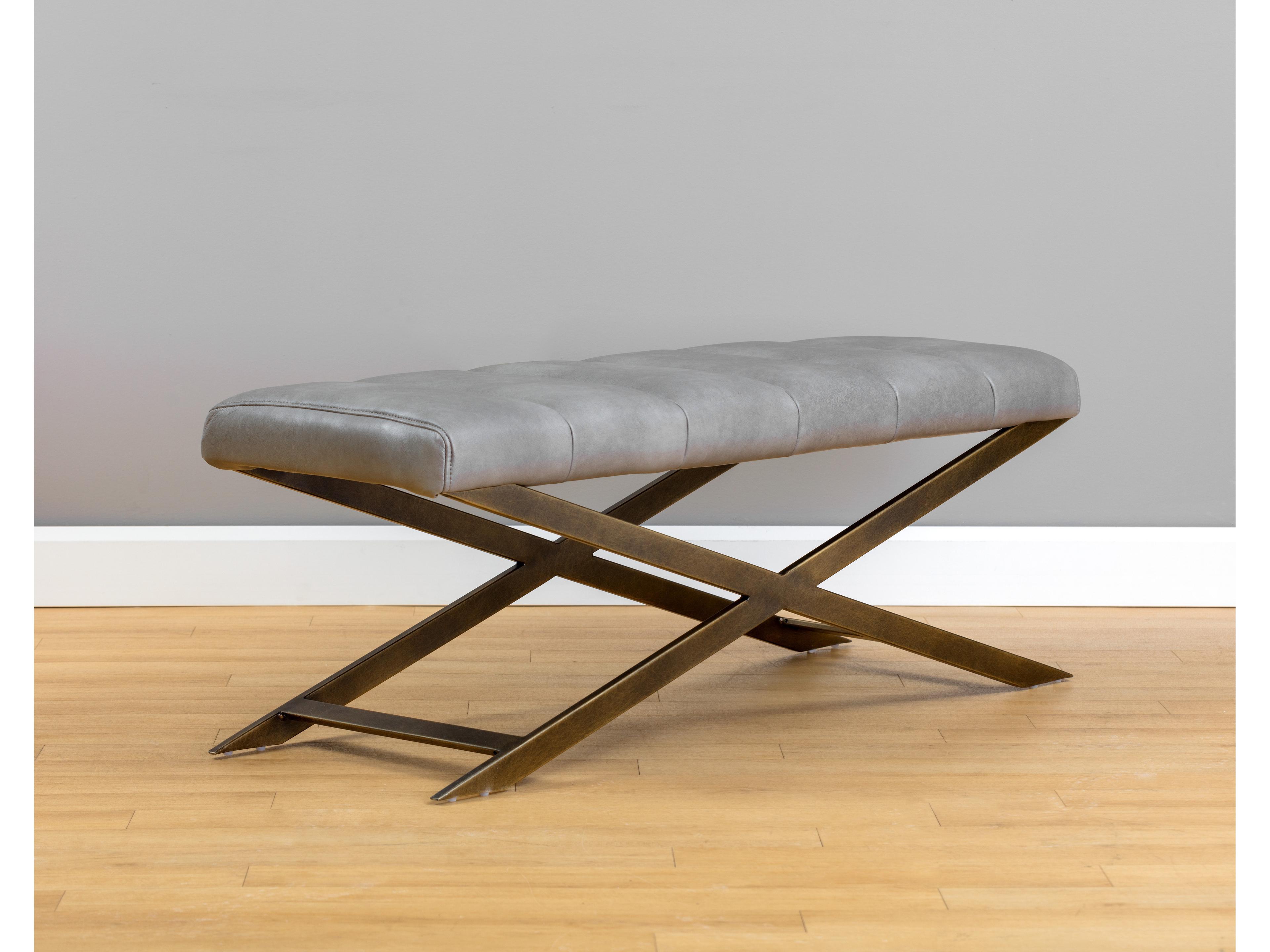Sunpan Ikon Bravo Metal Antique Brass Gray Faux Leather Accent Bench