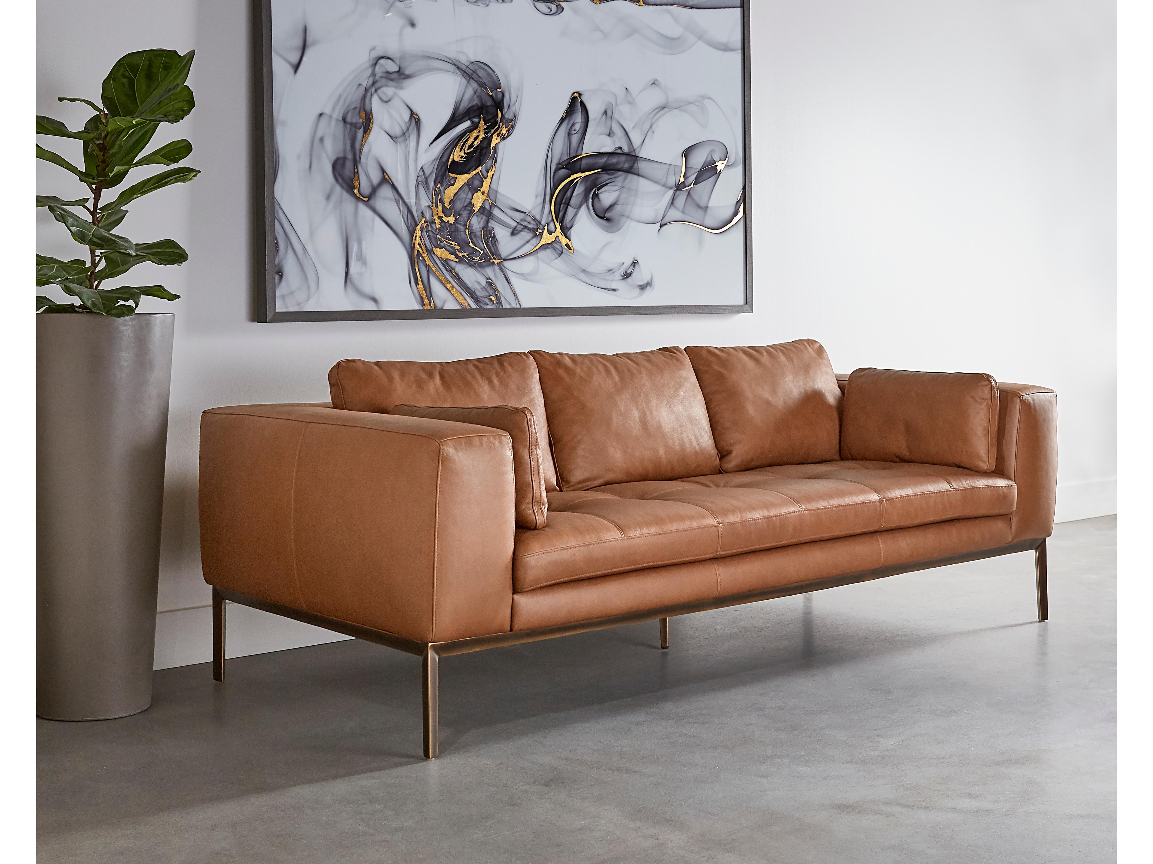 Sunpan Irongate Burr Behike Saddle Brass Brown Leather Sofa