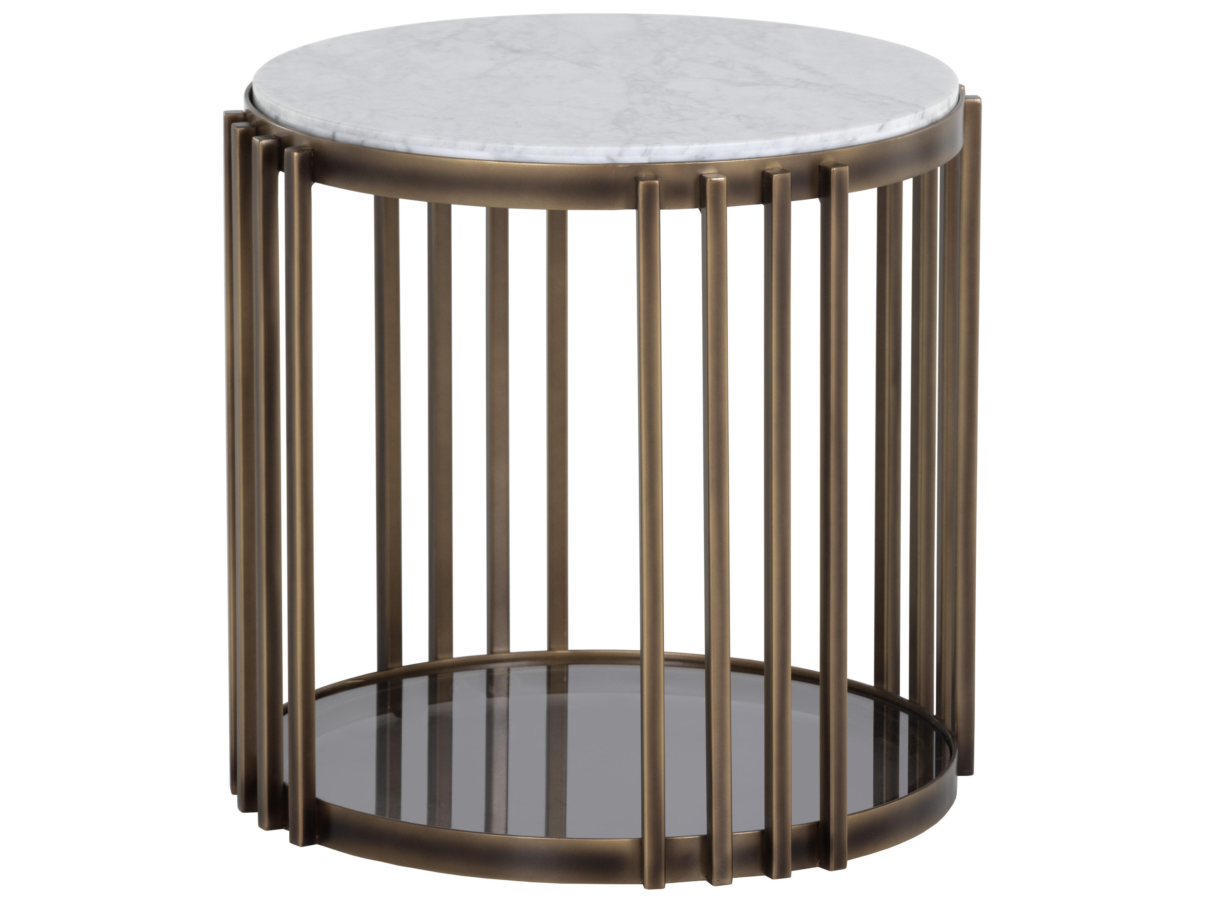 Sunpan Naxos Round Marble White Rustic Bronze End Table