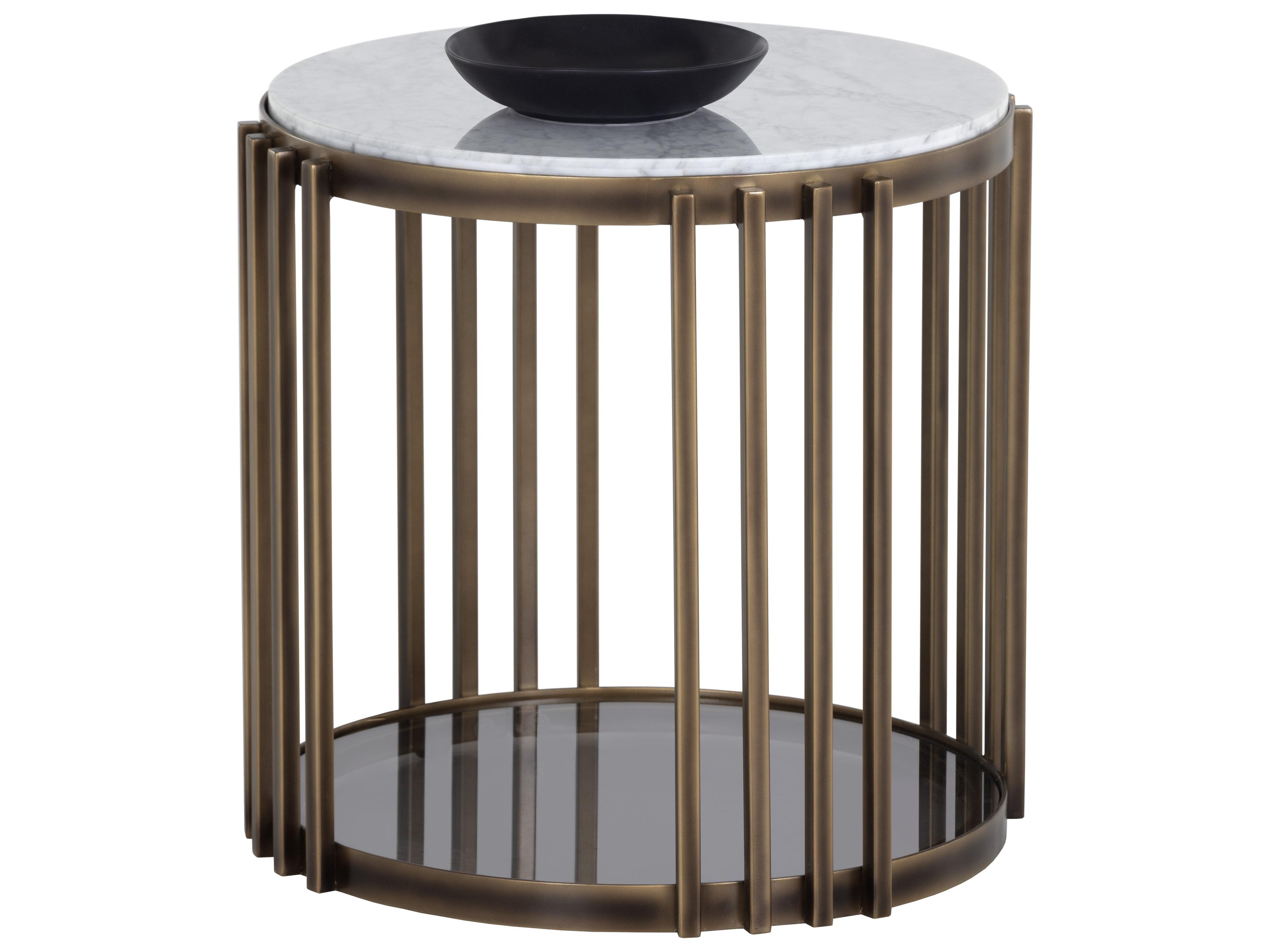 Sunpan Naxos Round Marble White Rustic Bronze End Table