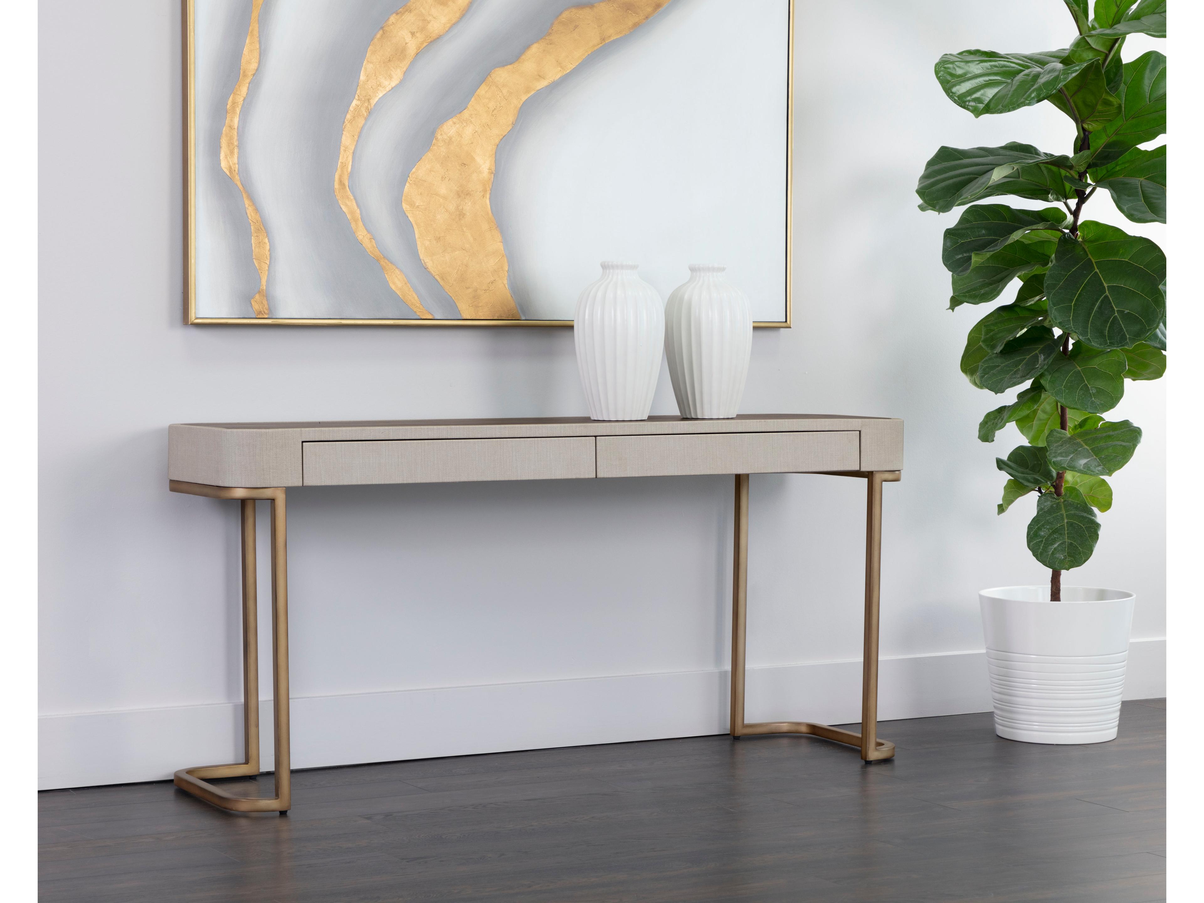 Sunpan Jamille Rectangular Wood Cream Warm Brass Console Table